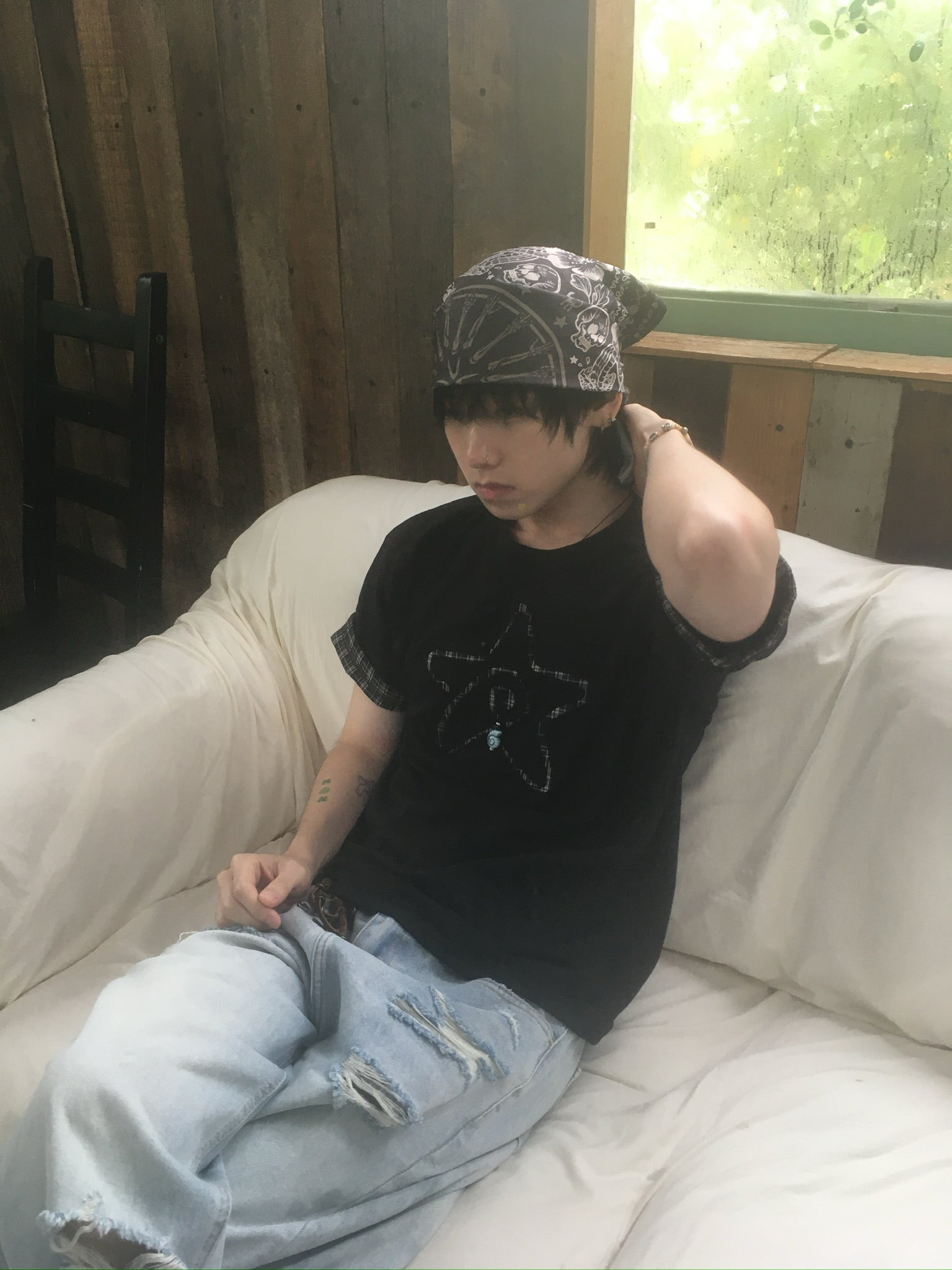 (★BEST) check star roll-up tee (black)