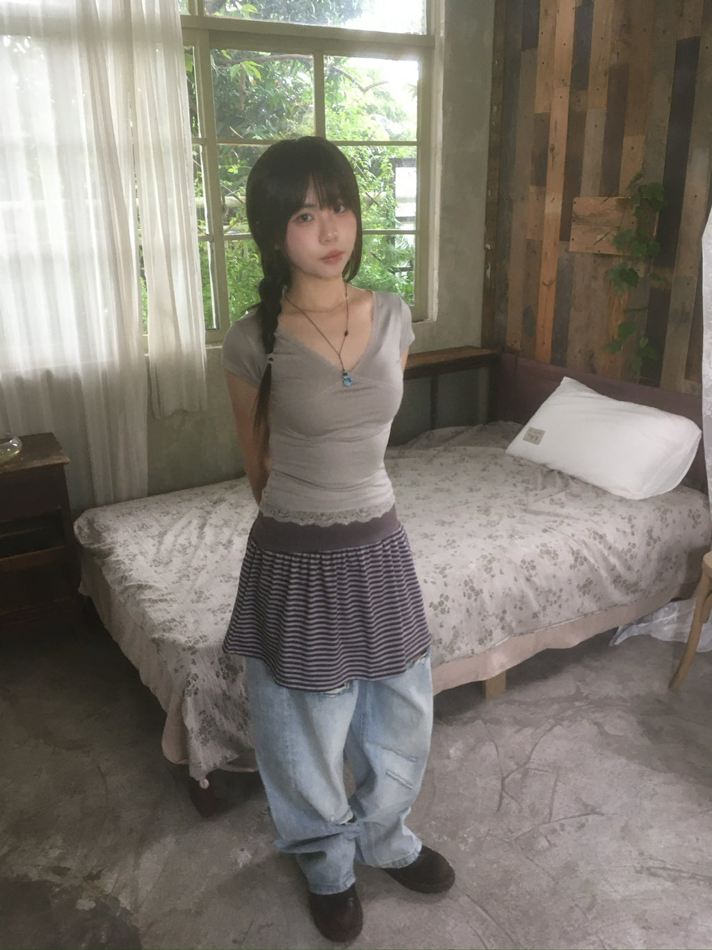 (★BEST) lace trim slim tee (oatmeal)