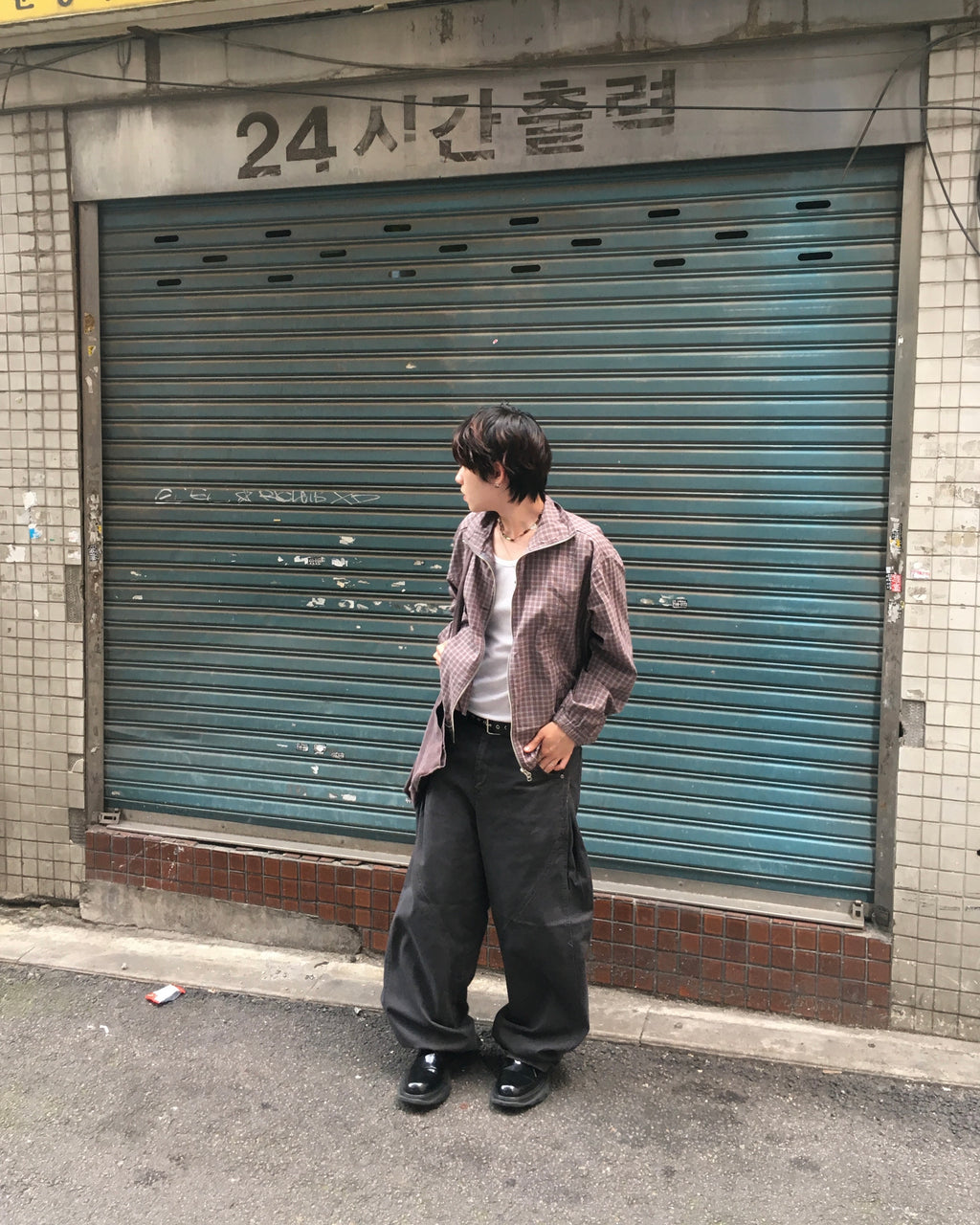 checked zipper jacket (sky/brown)
