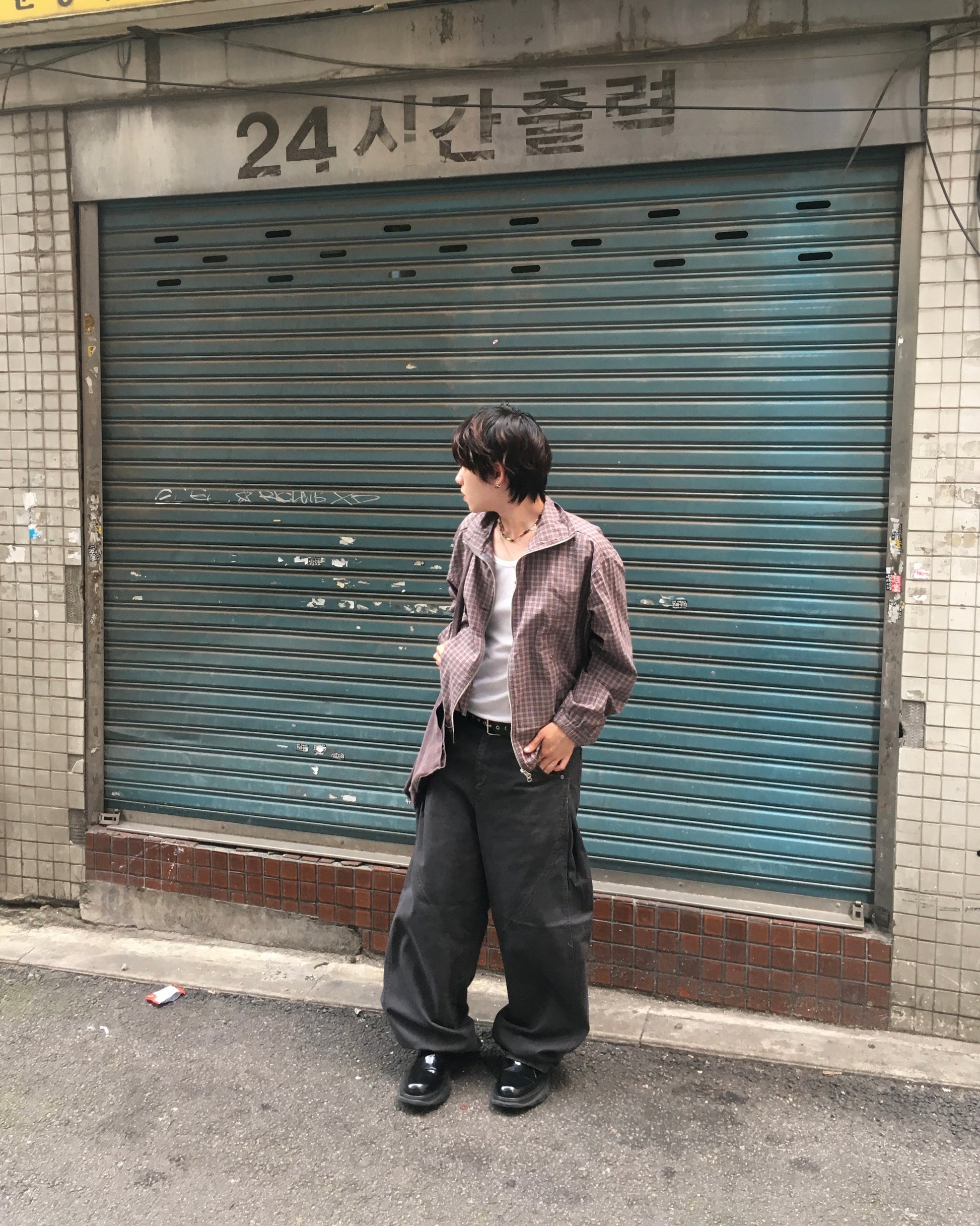 checked zipper jacket (sky/brown)