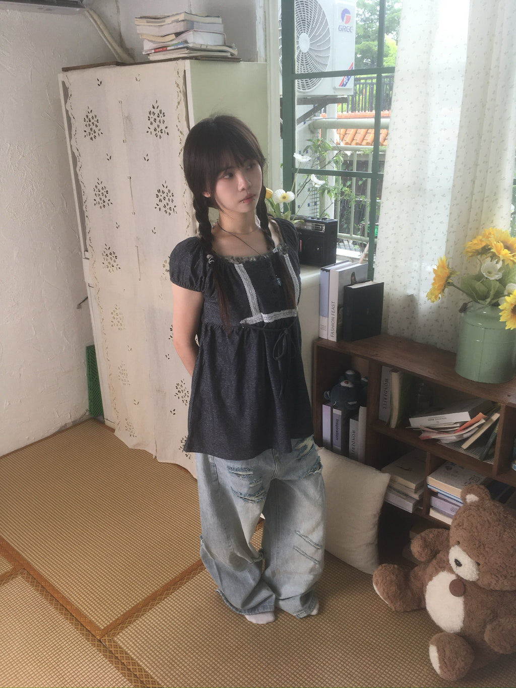 (★BEST) lace trim babydoll top (charcoal)