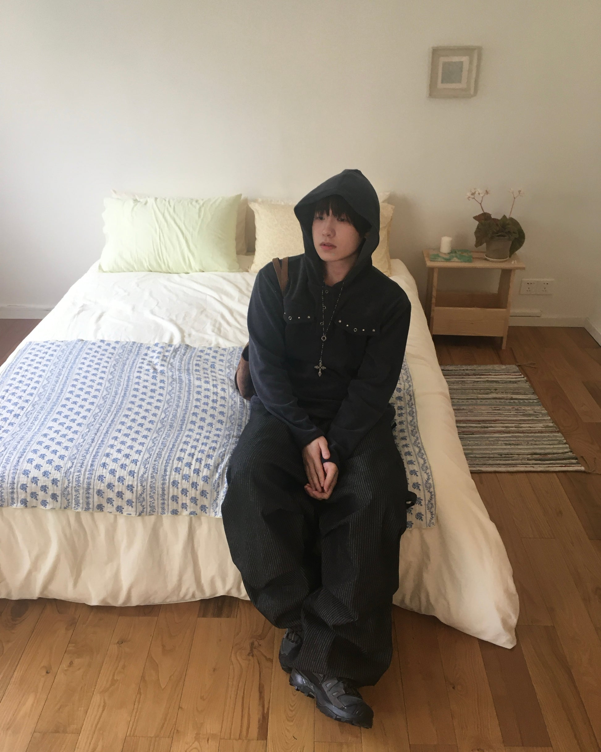 rivet collar hooded shirt (navy)