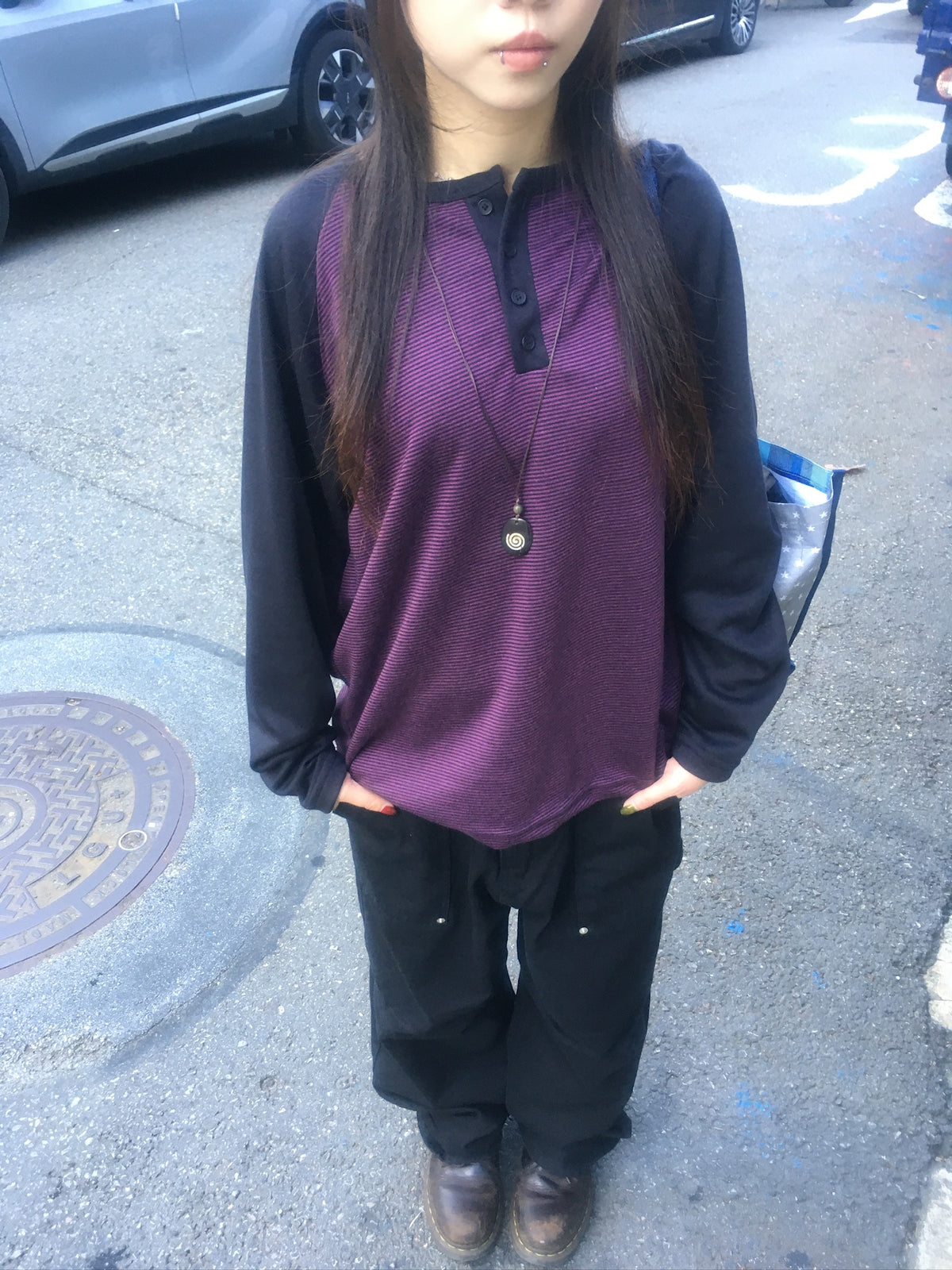 henley neck stripe raglan tee (purple)
