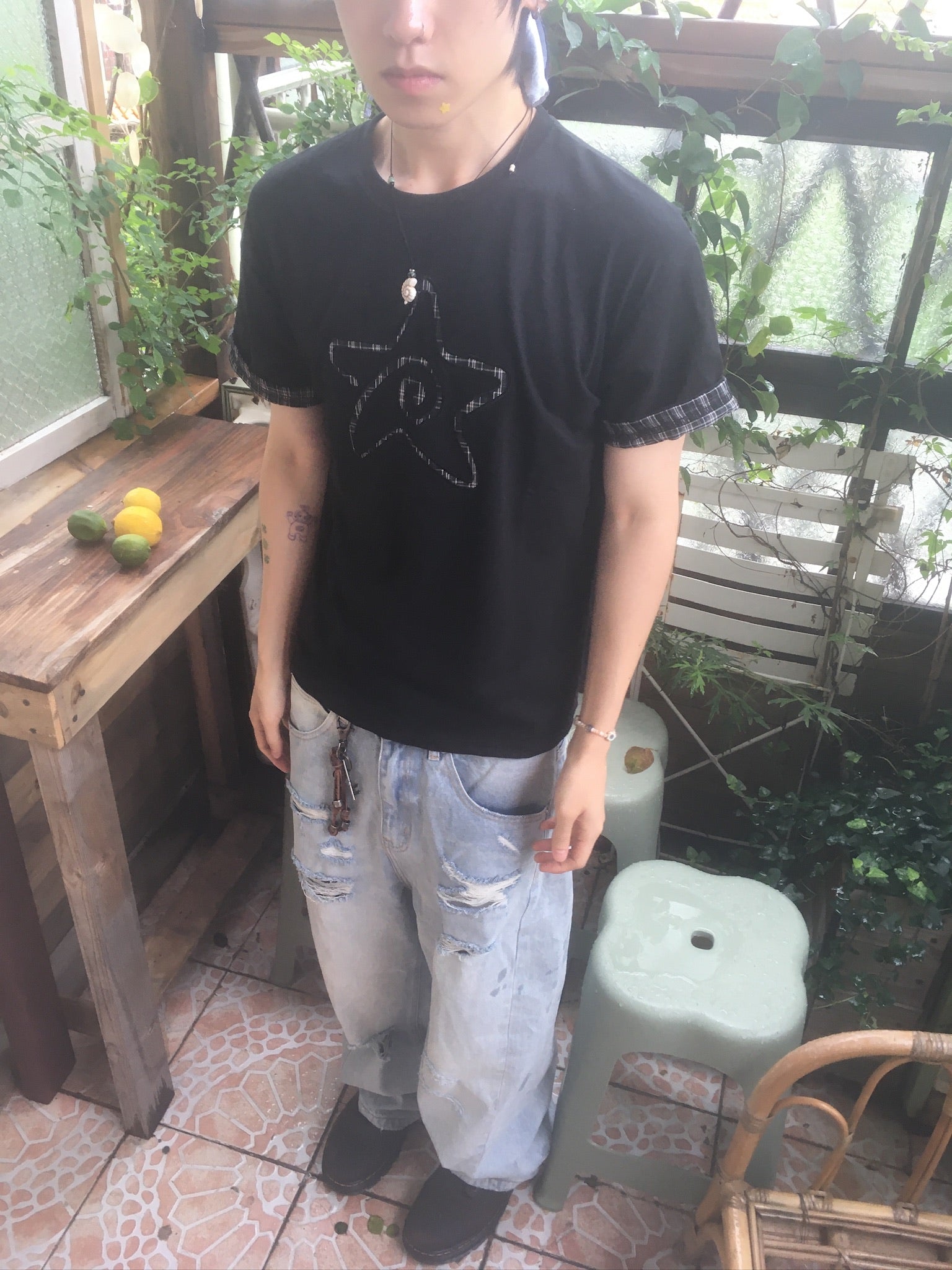 (★BEST) check star roll-up tee (black)