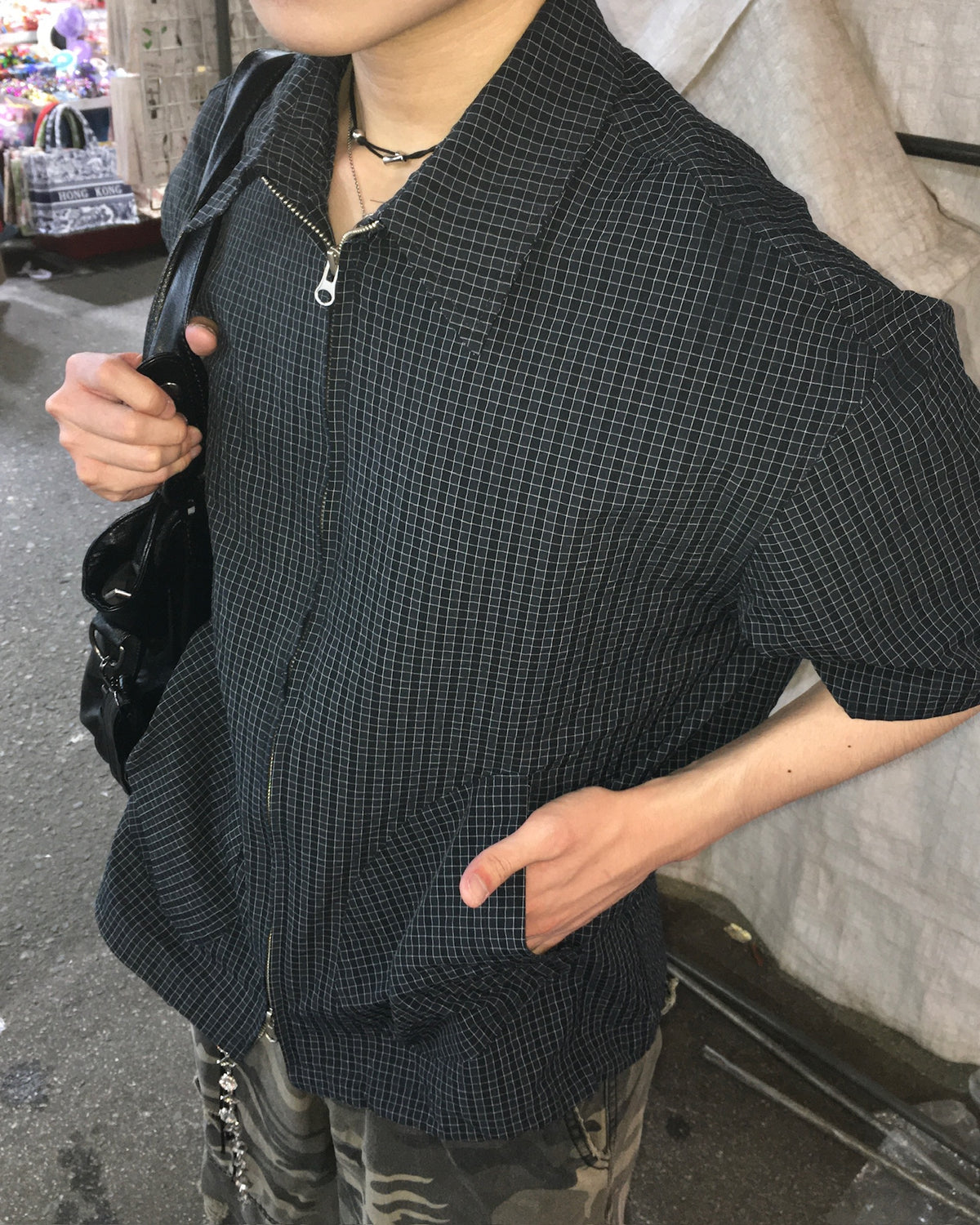 checked shortcut zip-up shirt (navy)