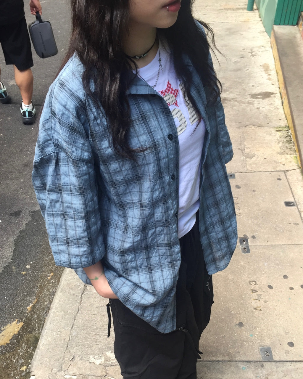 (in stock) matron wrinkle checked shirt (blue)