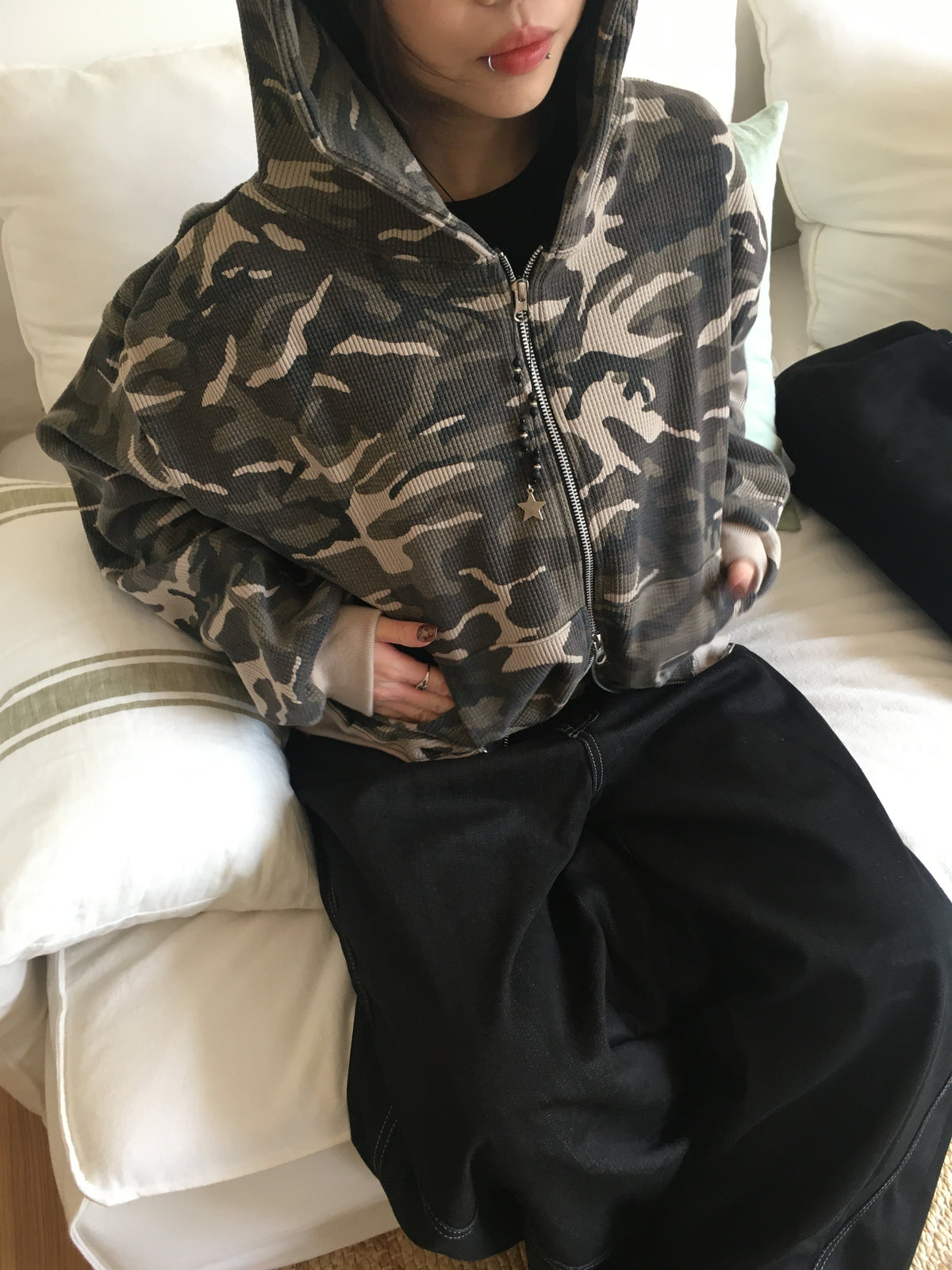 camo waffle zip-up hoodie (beige)