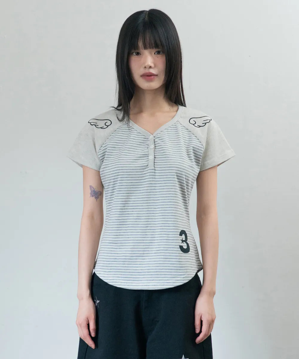 BAUF 3 BUTTON ANGEL SLIM FIT T-SHIRT (STRIPE GREY)