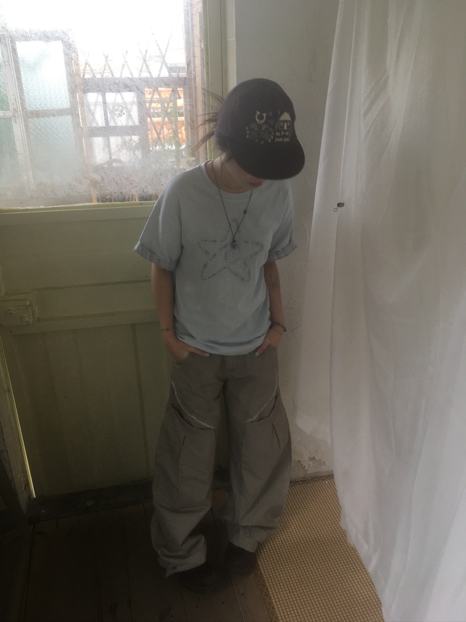 (★BEST) check star roll-up tee (sky blue)