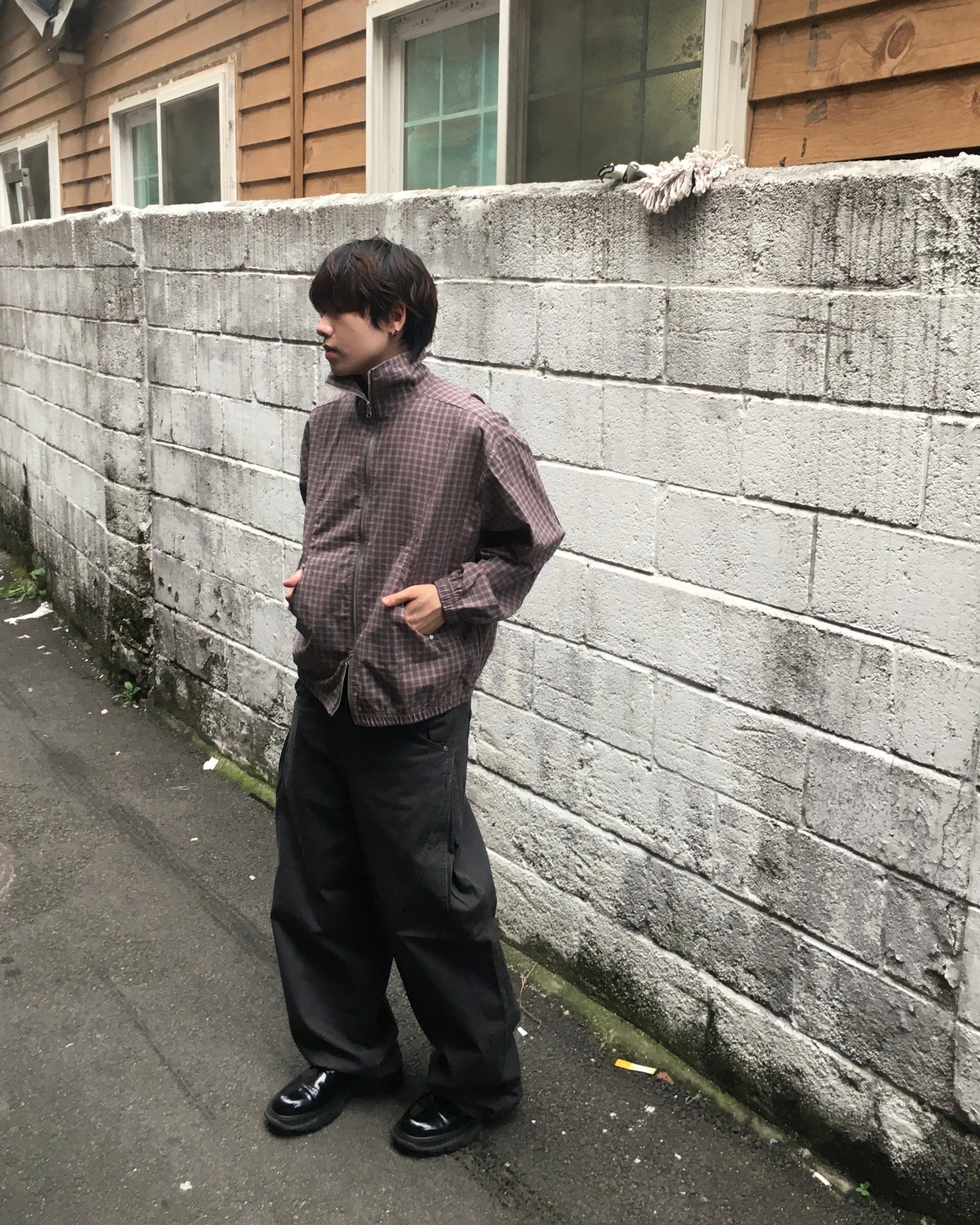 checked zipper jacket (sky/brown)