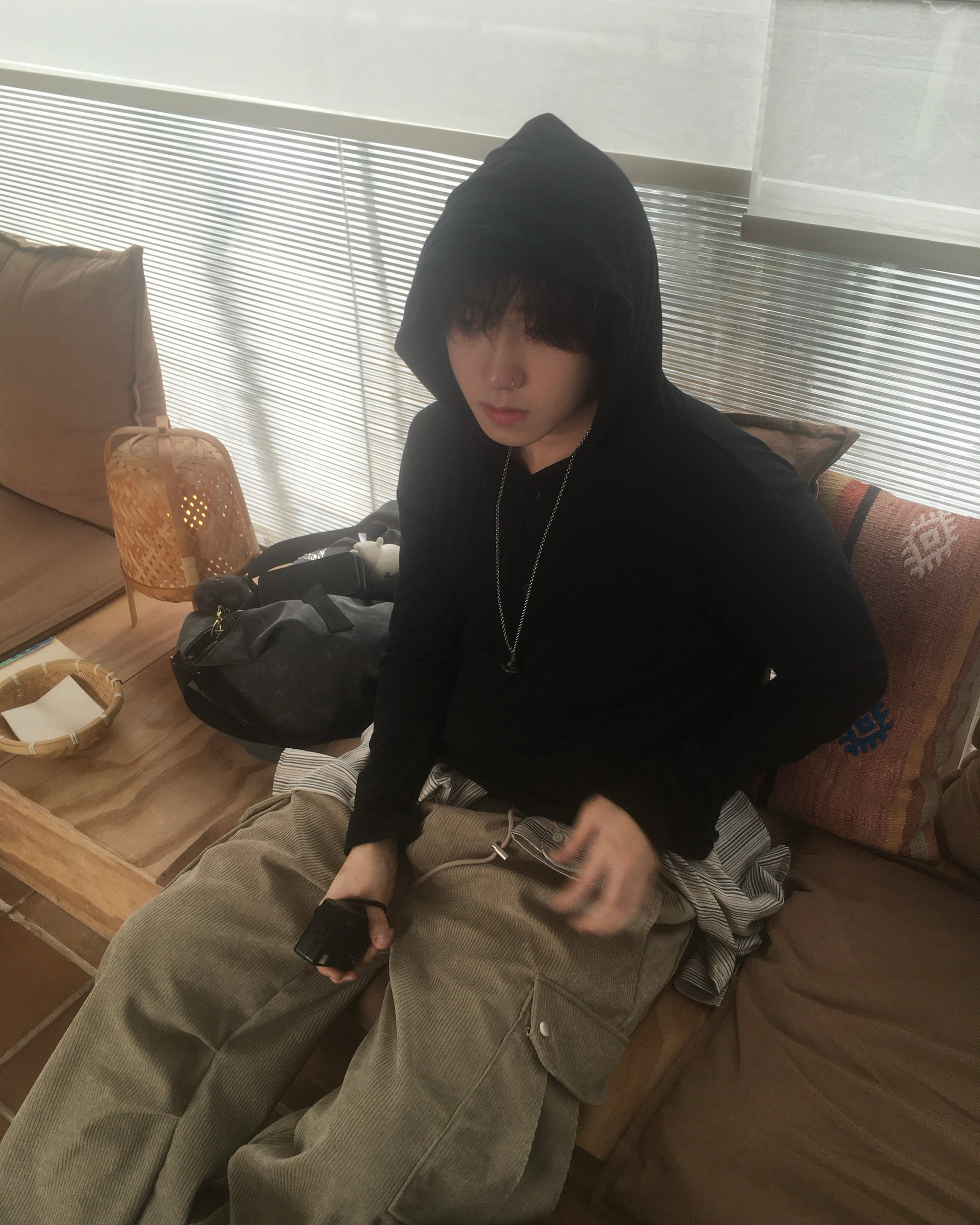 henley neck hooded shirt (black)