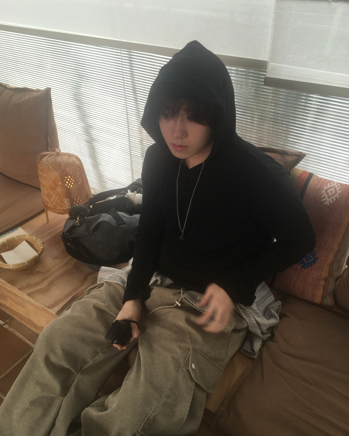 henley neck hooded shirt (black)