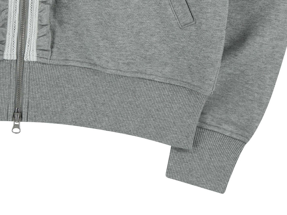 ✪【𝘱𝘳𝘦-𝘰𝘳𝘥𝘦𝘳】coyseio ruffle lace hood zip-up melange (grey)