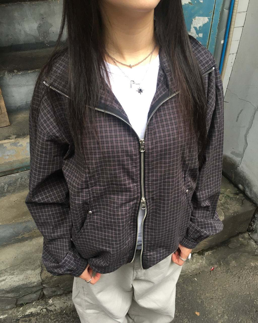 checked zipper jacket (black/navy)