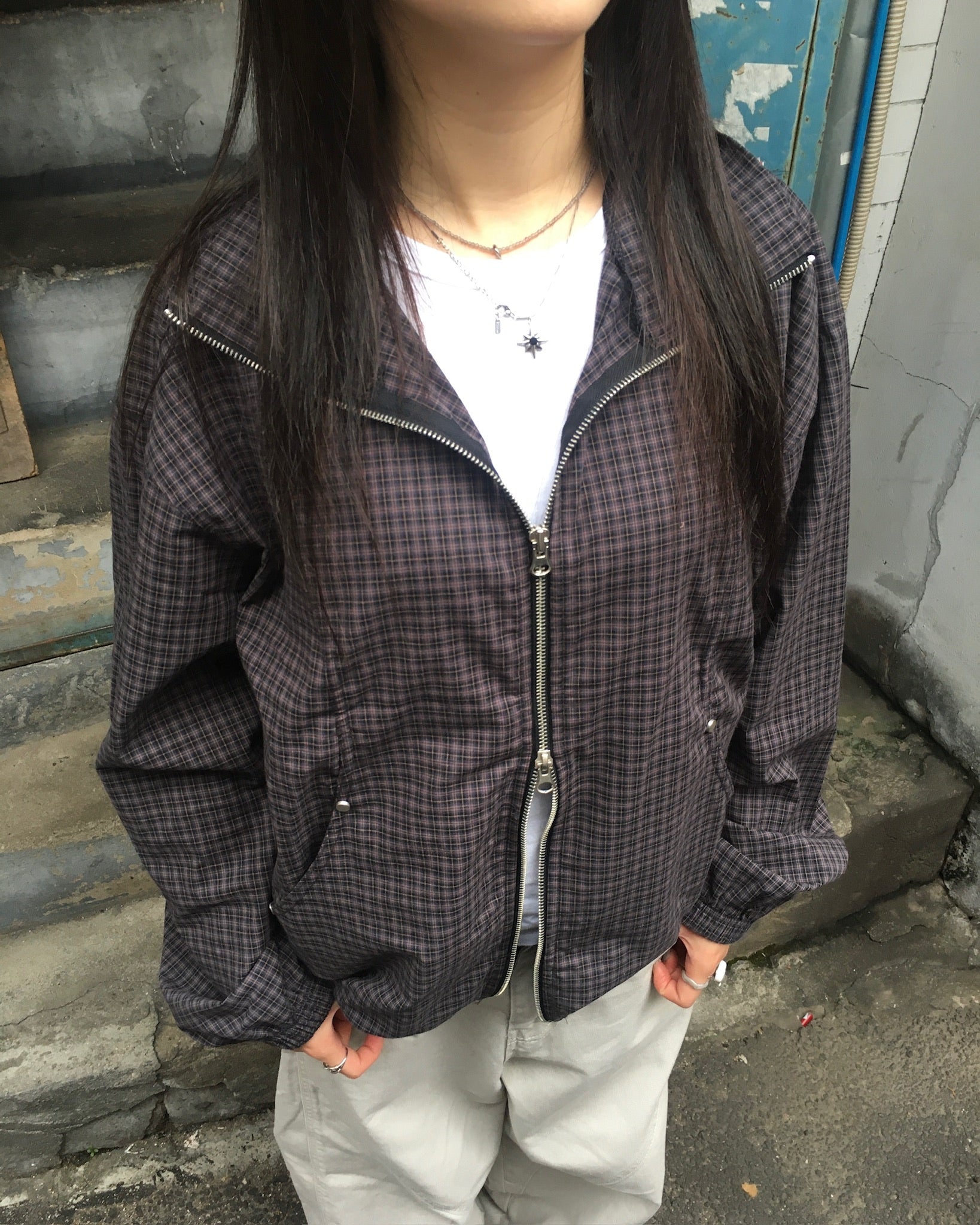 checked zipper jacket (black/navy)
