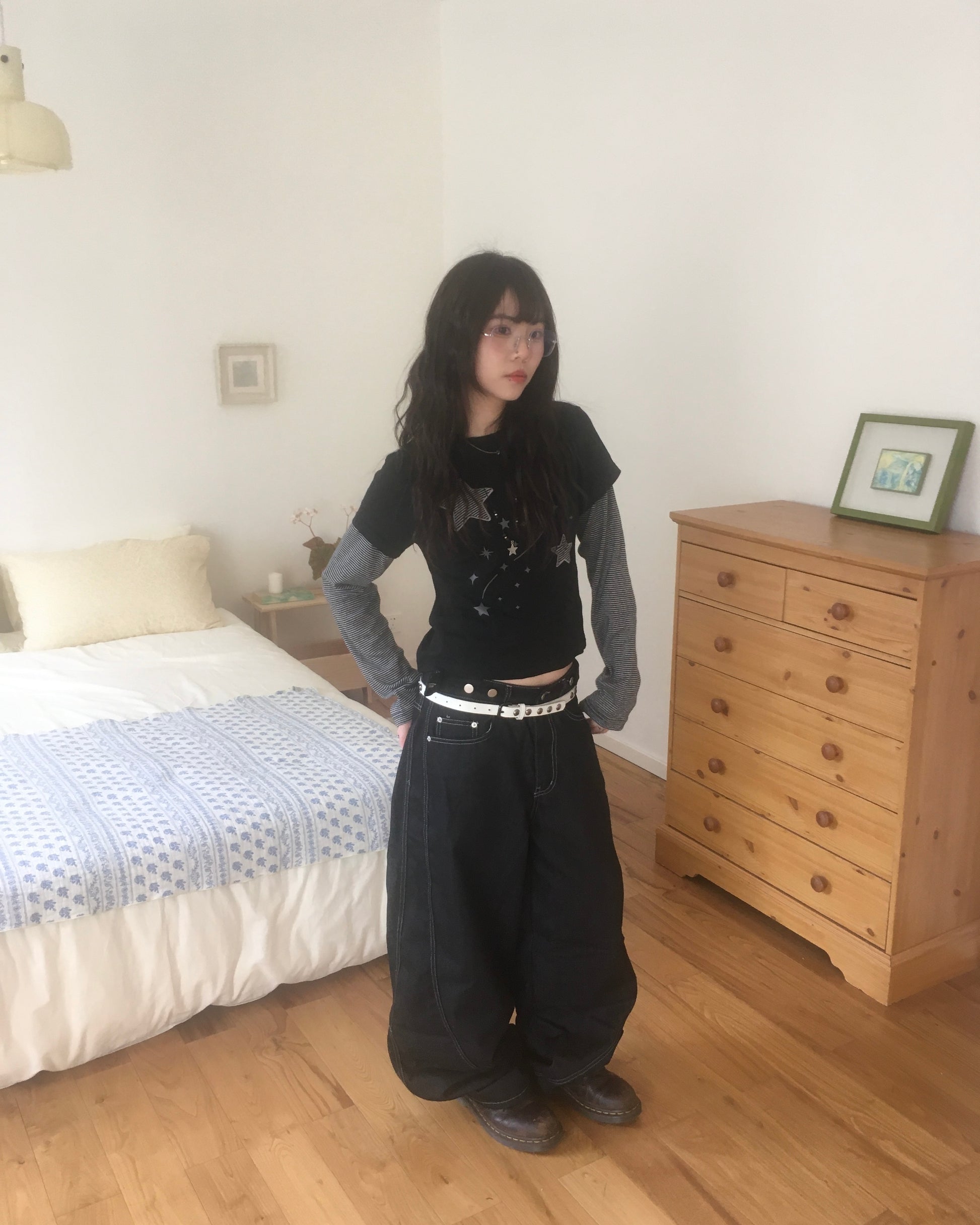 (★BEST) star stripe layered tee (black)