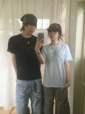 (★BEST) check star roll-up tee (black)