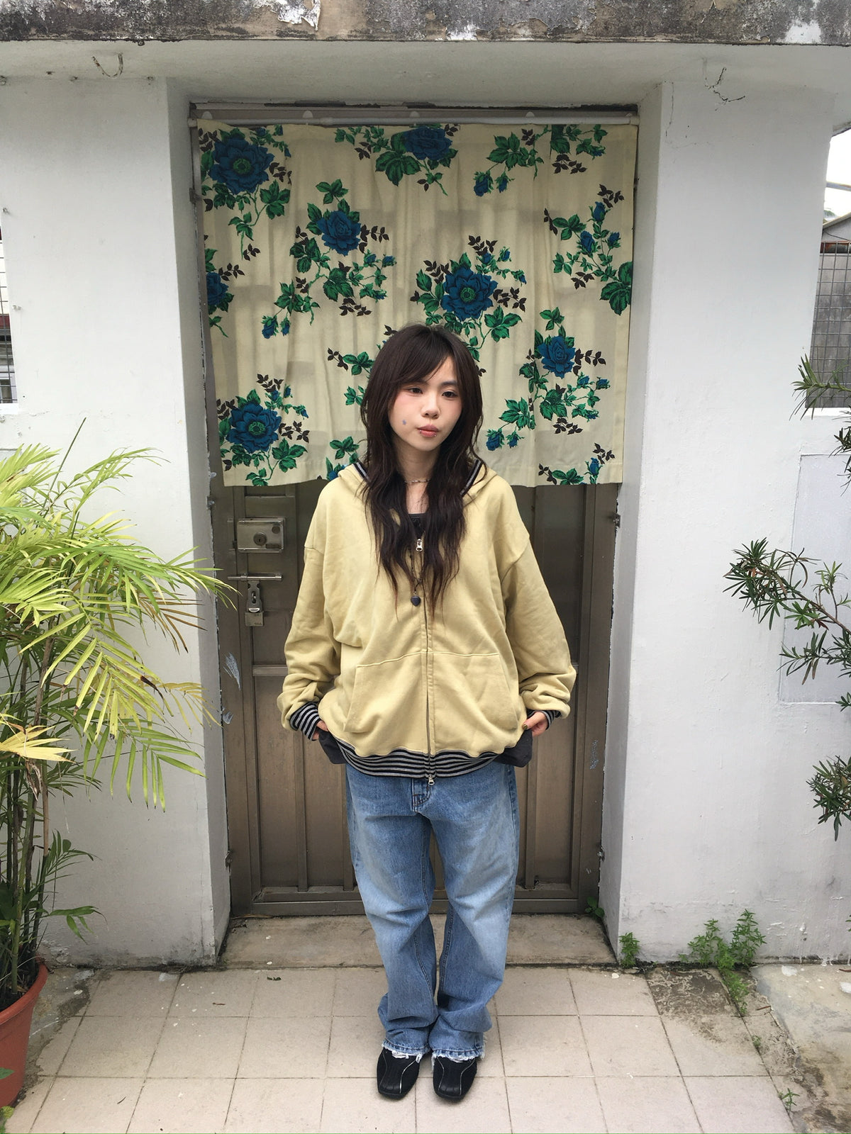 stripe trim hoodie zip up (yellow)