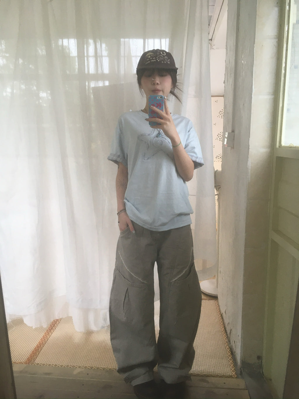 (★BEST) check star roll-up tee (sky blue)