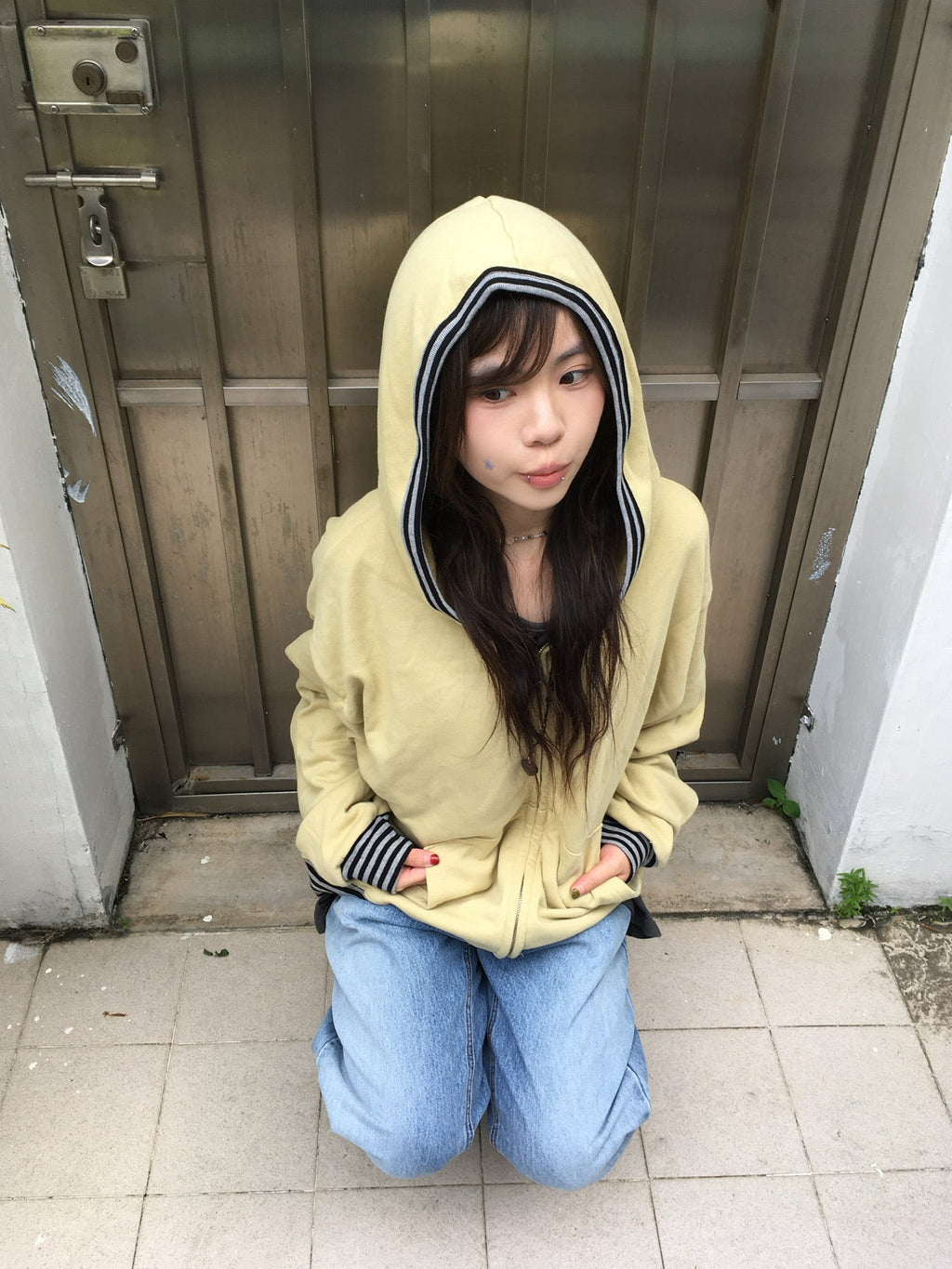 stripe trim hoodie zip up (yellow)