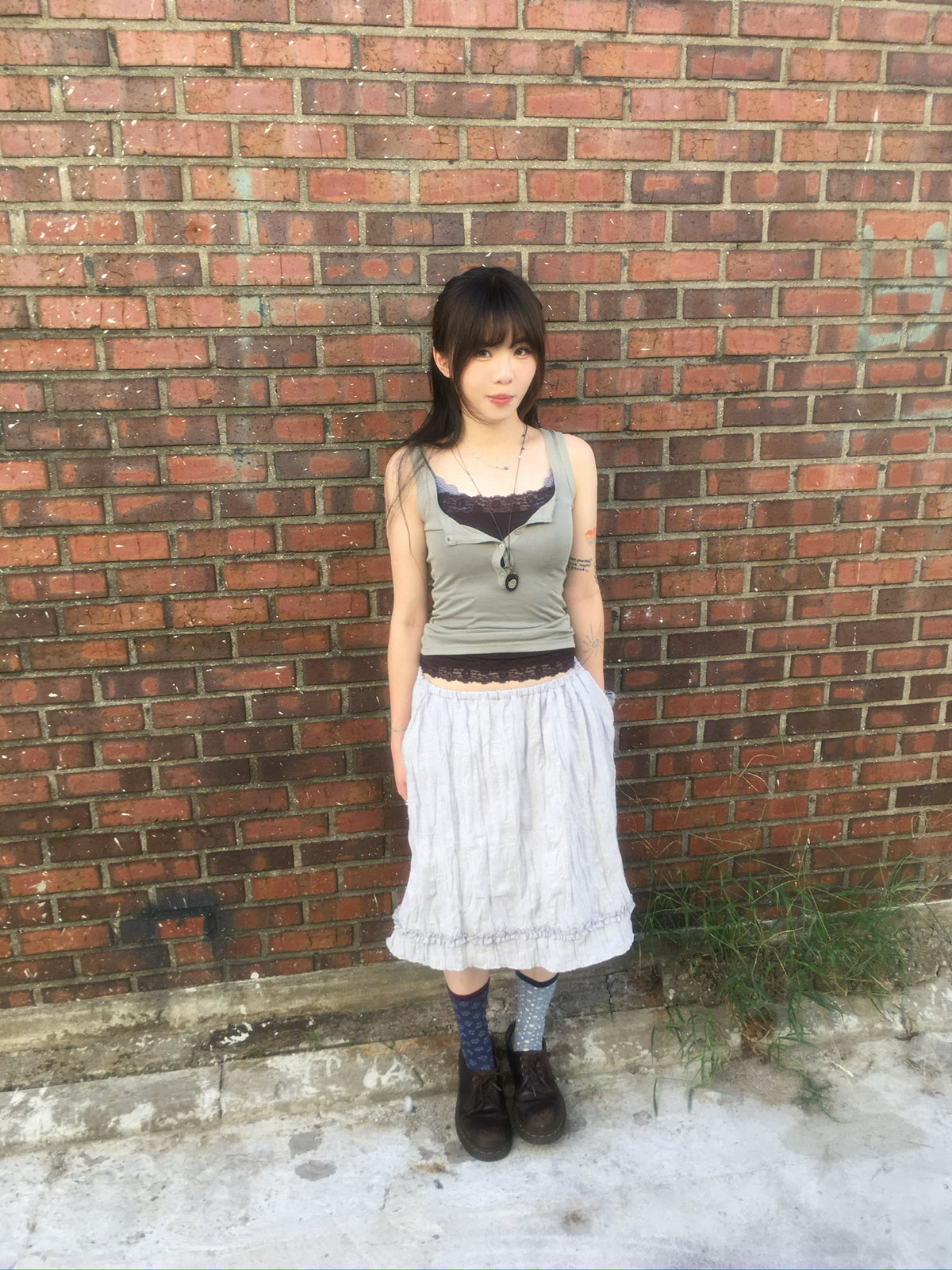vintage wrinkle frill dress (light grey)