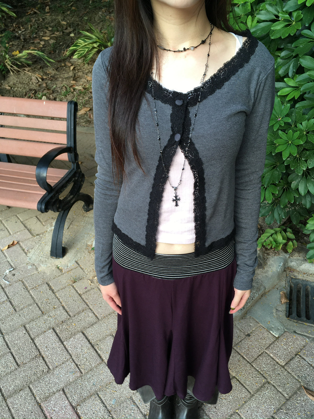 lace trim button cardigan (charcoal)