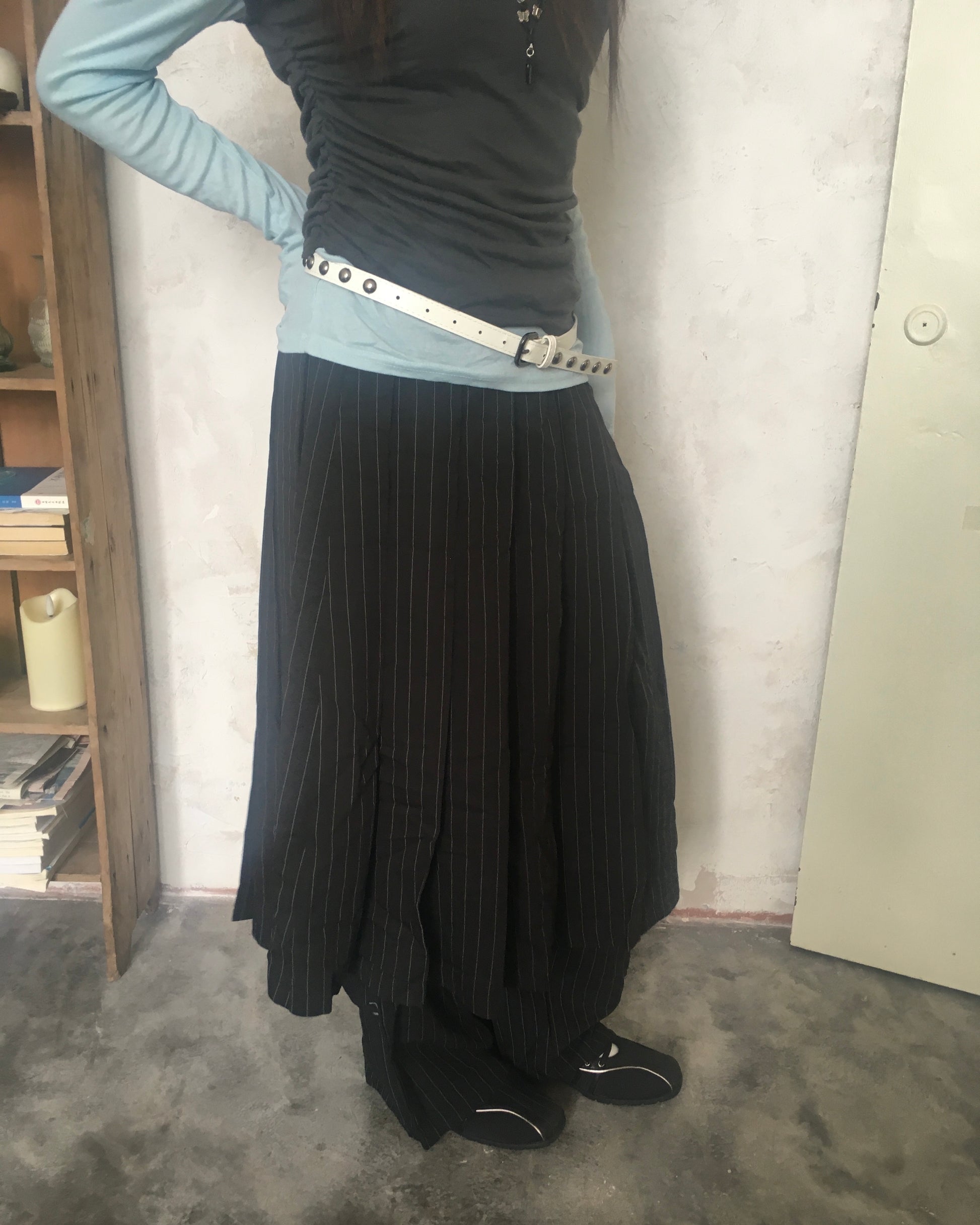 skirt stripe layered pants (black)