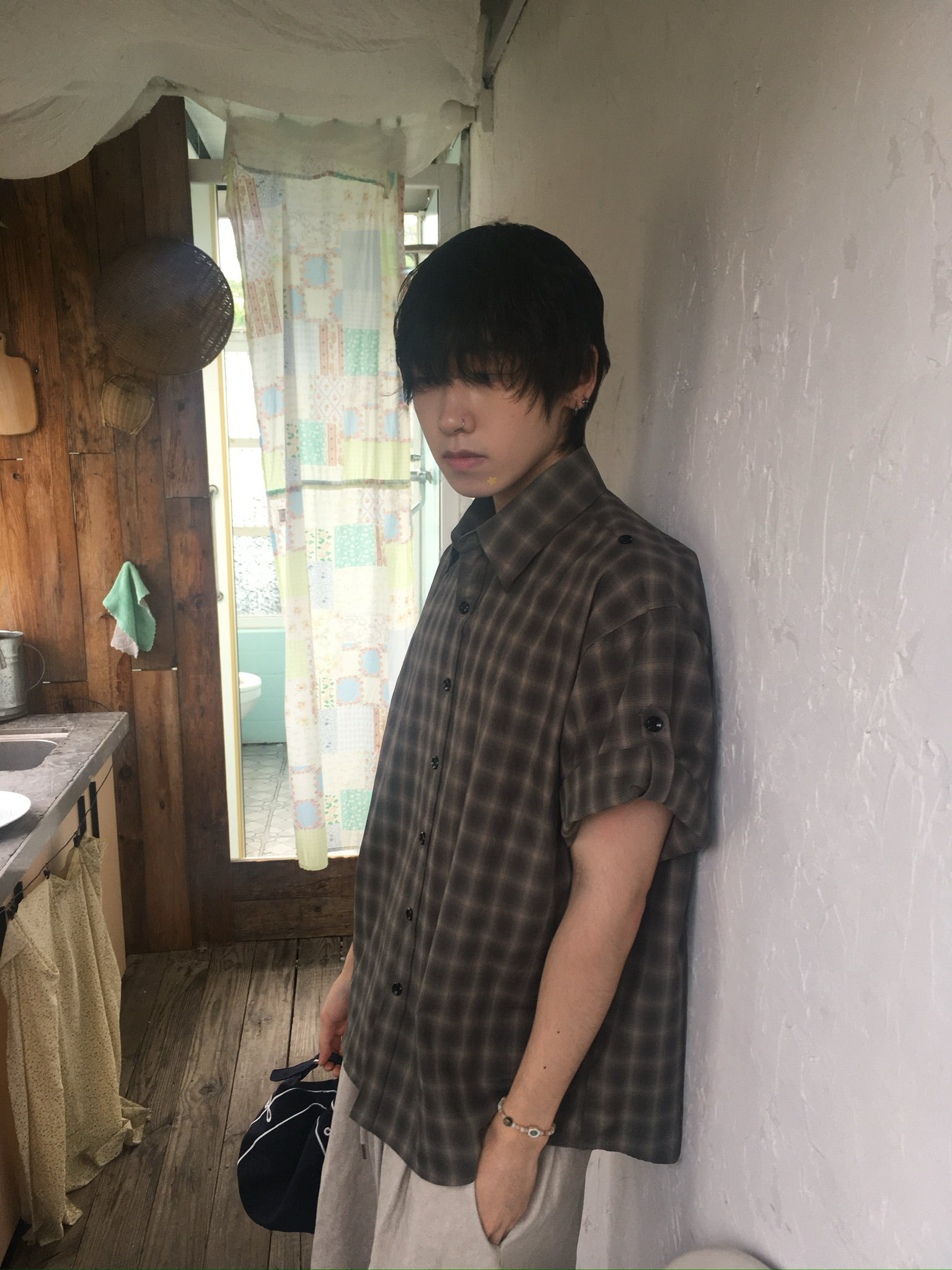check linen shirt (charcoal)