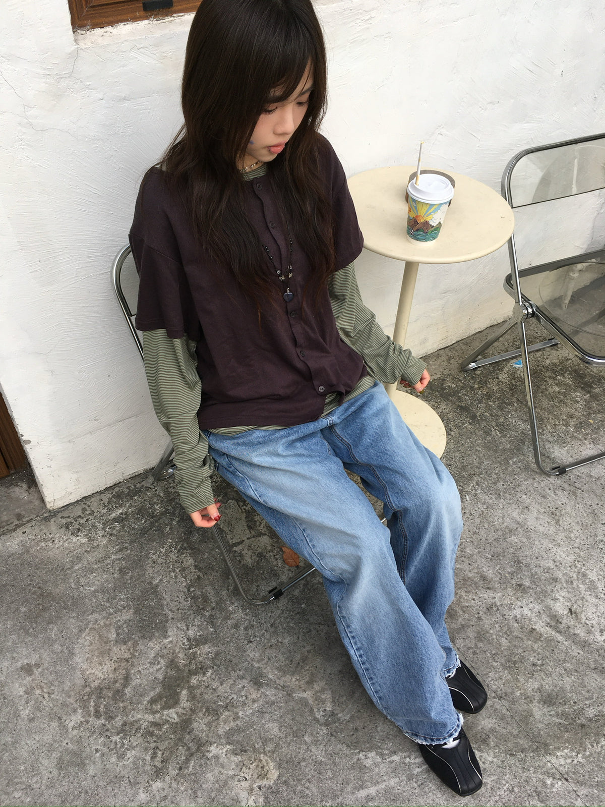 mock layer button tee (brown)