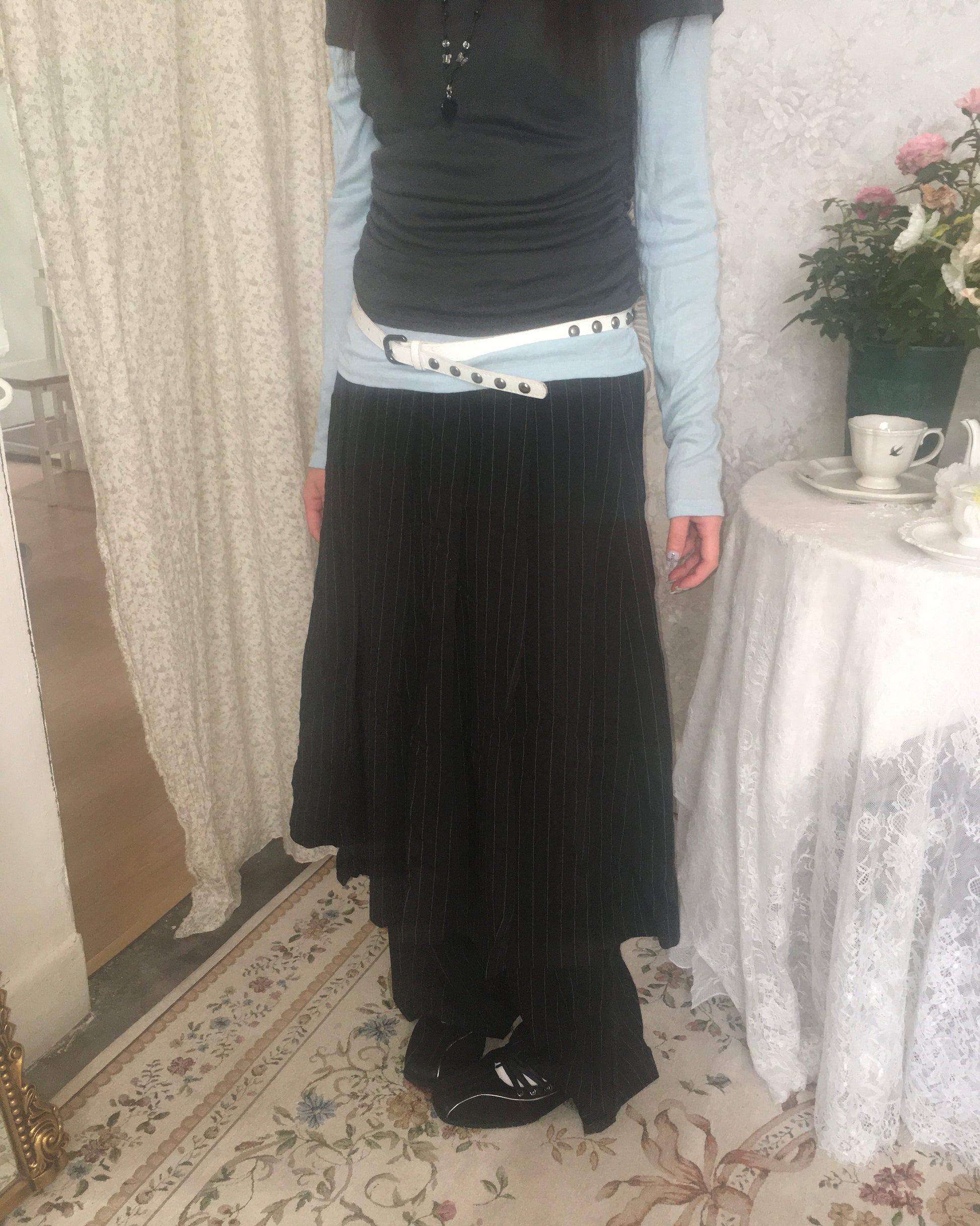 skirt stripe layered pants (black)