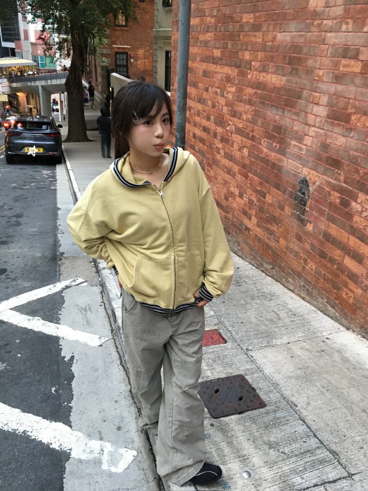 stripe trim hoodie zip up (yellow)