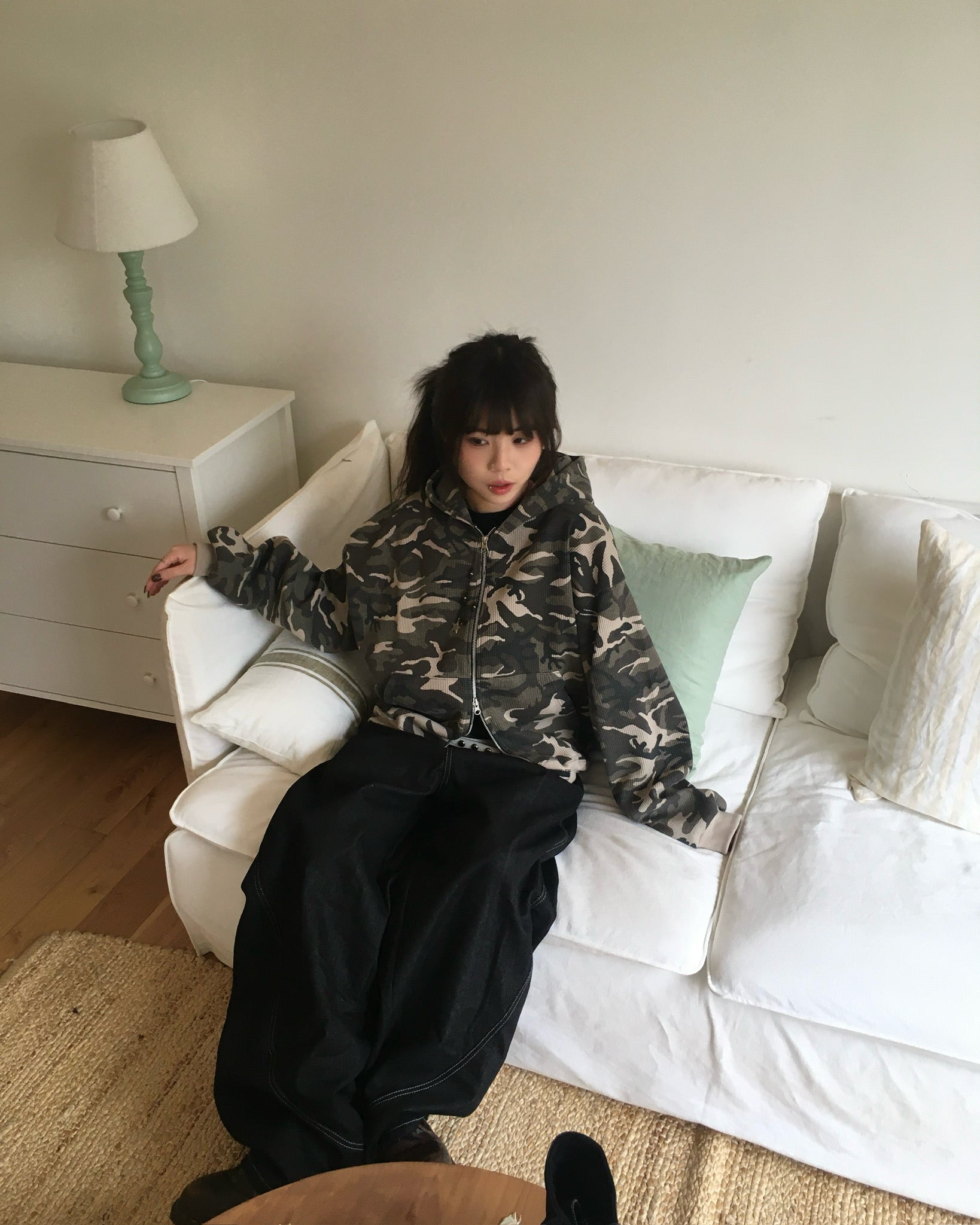 camo waffle zip-up hoodie (beige)