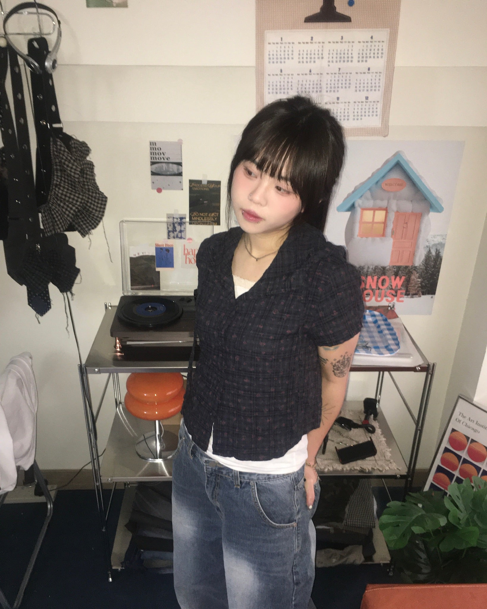 floral checked hood shirt (navy)