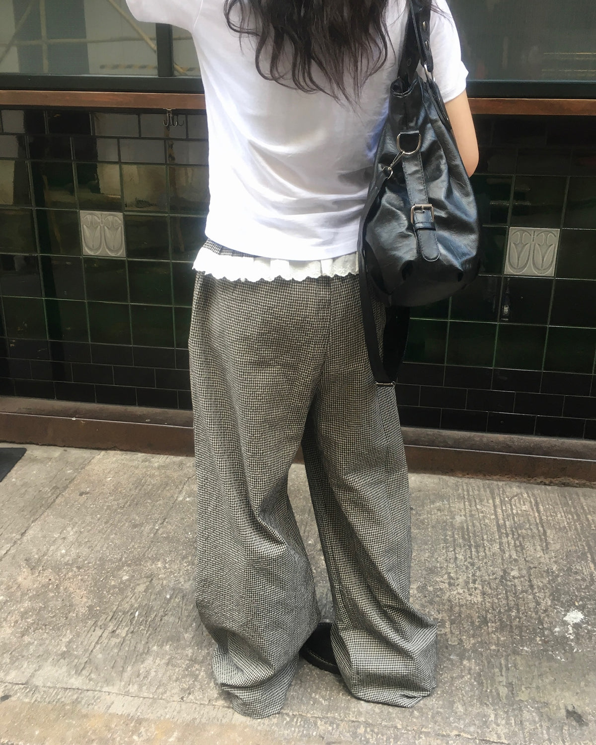 lace checked belt pants (black)