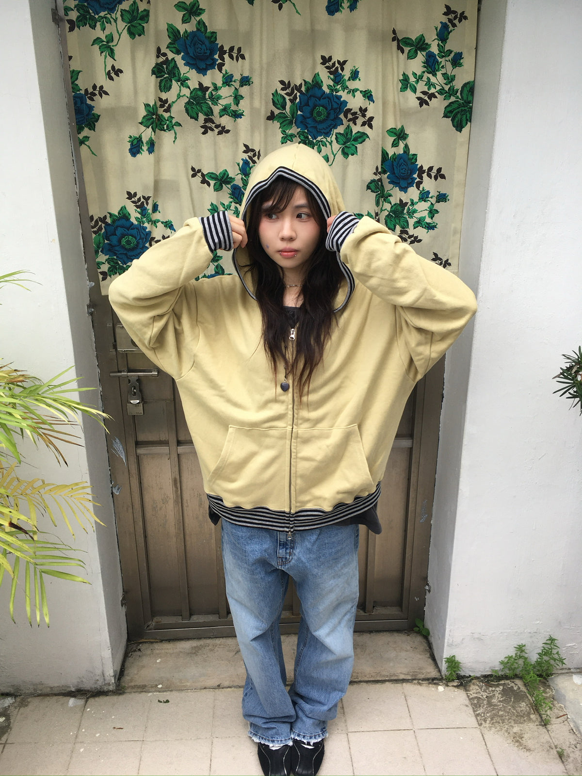 stripe trim hoodie zip up (yellow)