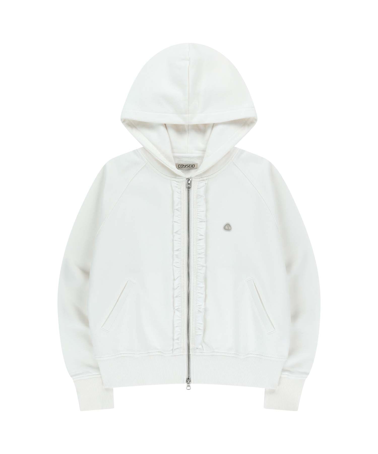 ✪【𝘱𝘳𝘦-𝘰𝘳𝘥𝘦𝘳】coyseio ruffle lace hood zip-up (white)