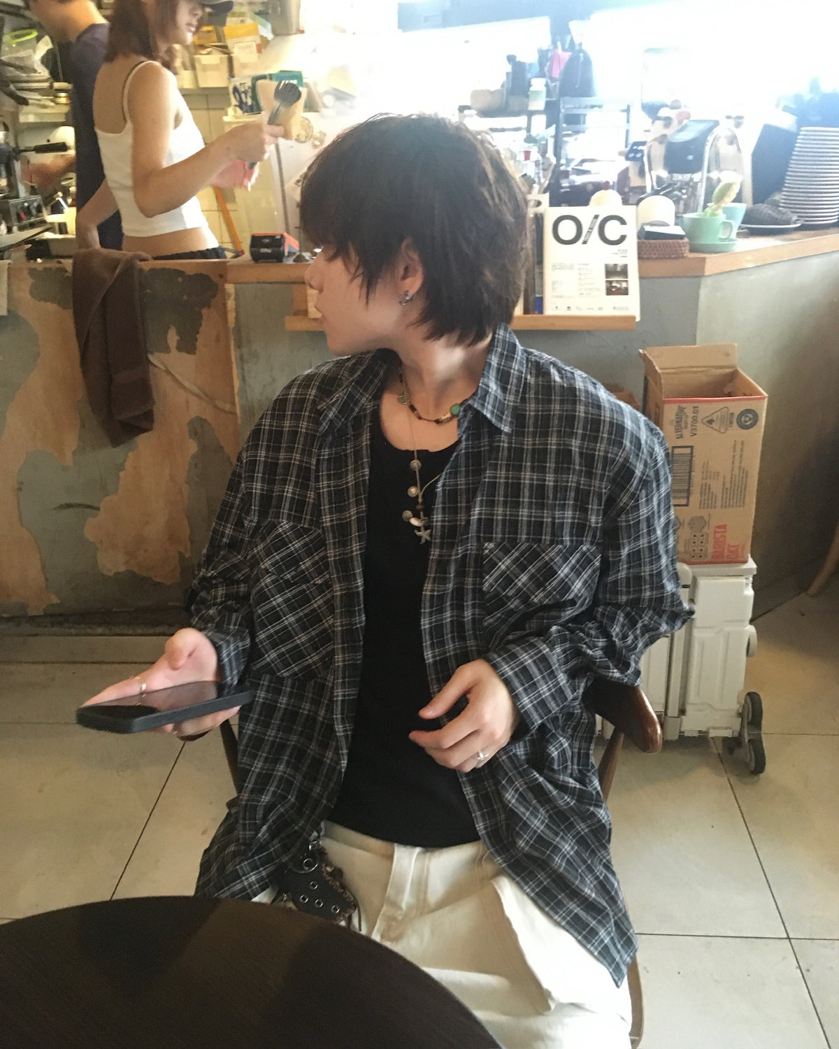 double pocket checked shirt (black)
