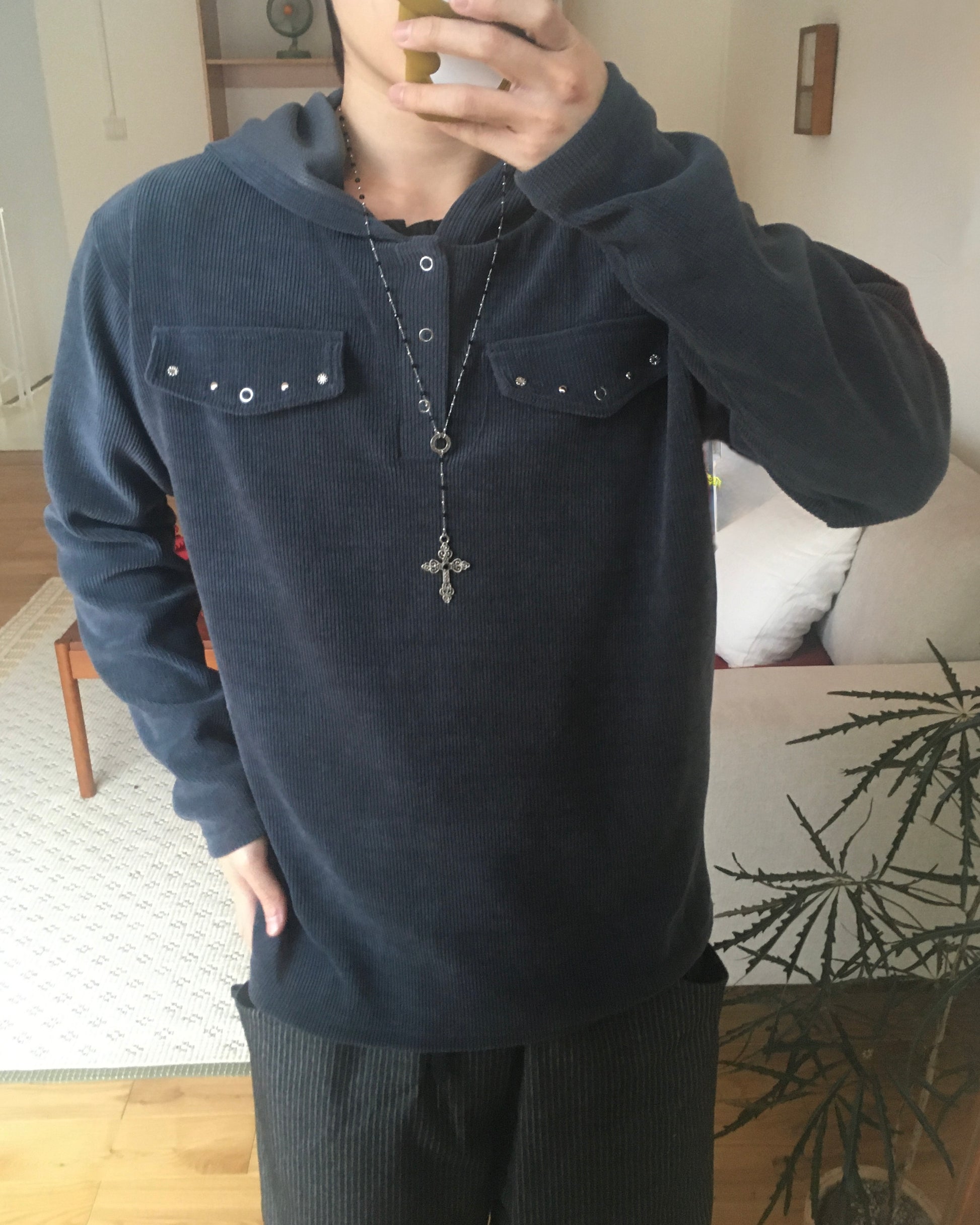 rivet collar hooded shirt (navy)