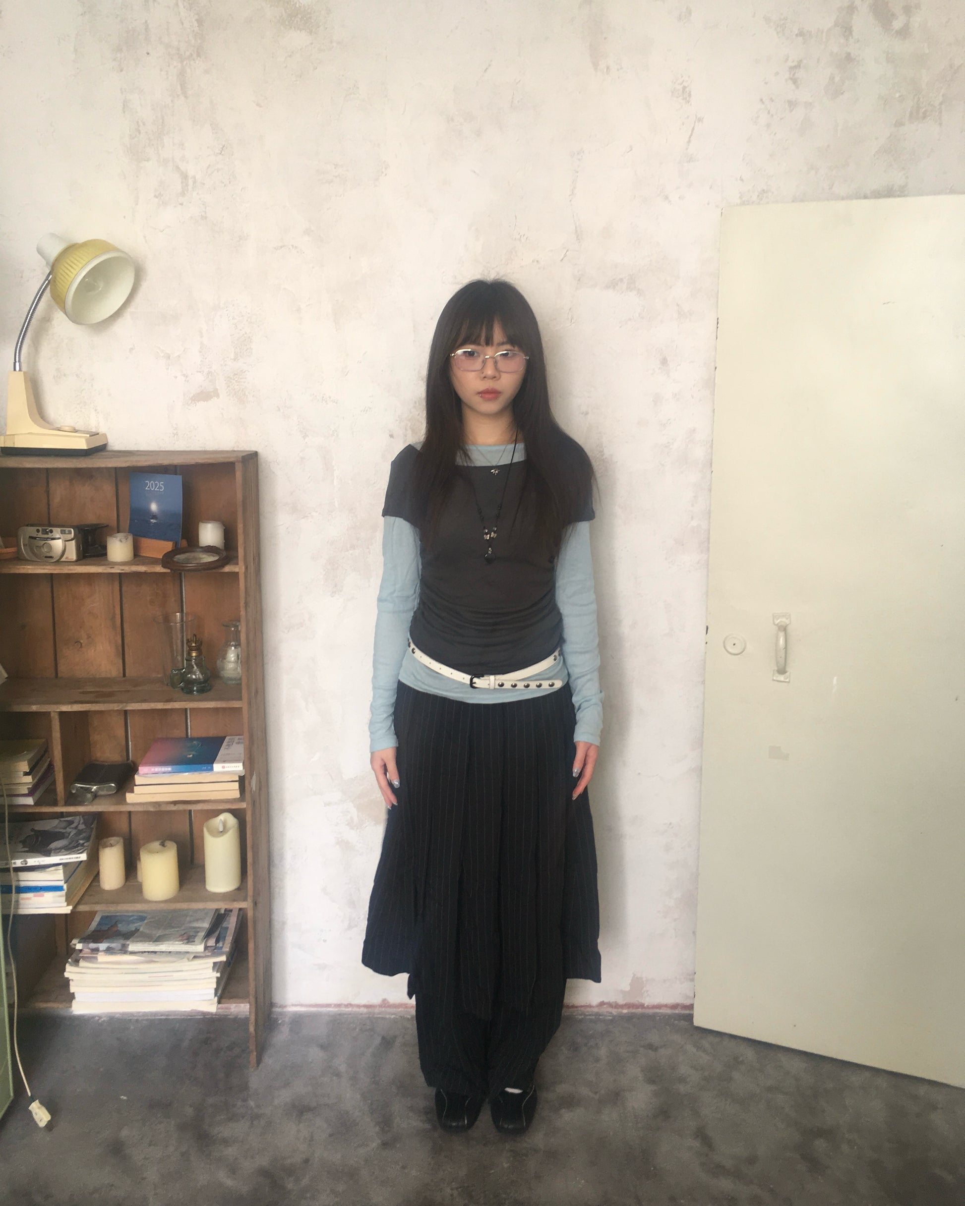 skirt stripe layered pants (black)