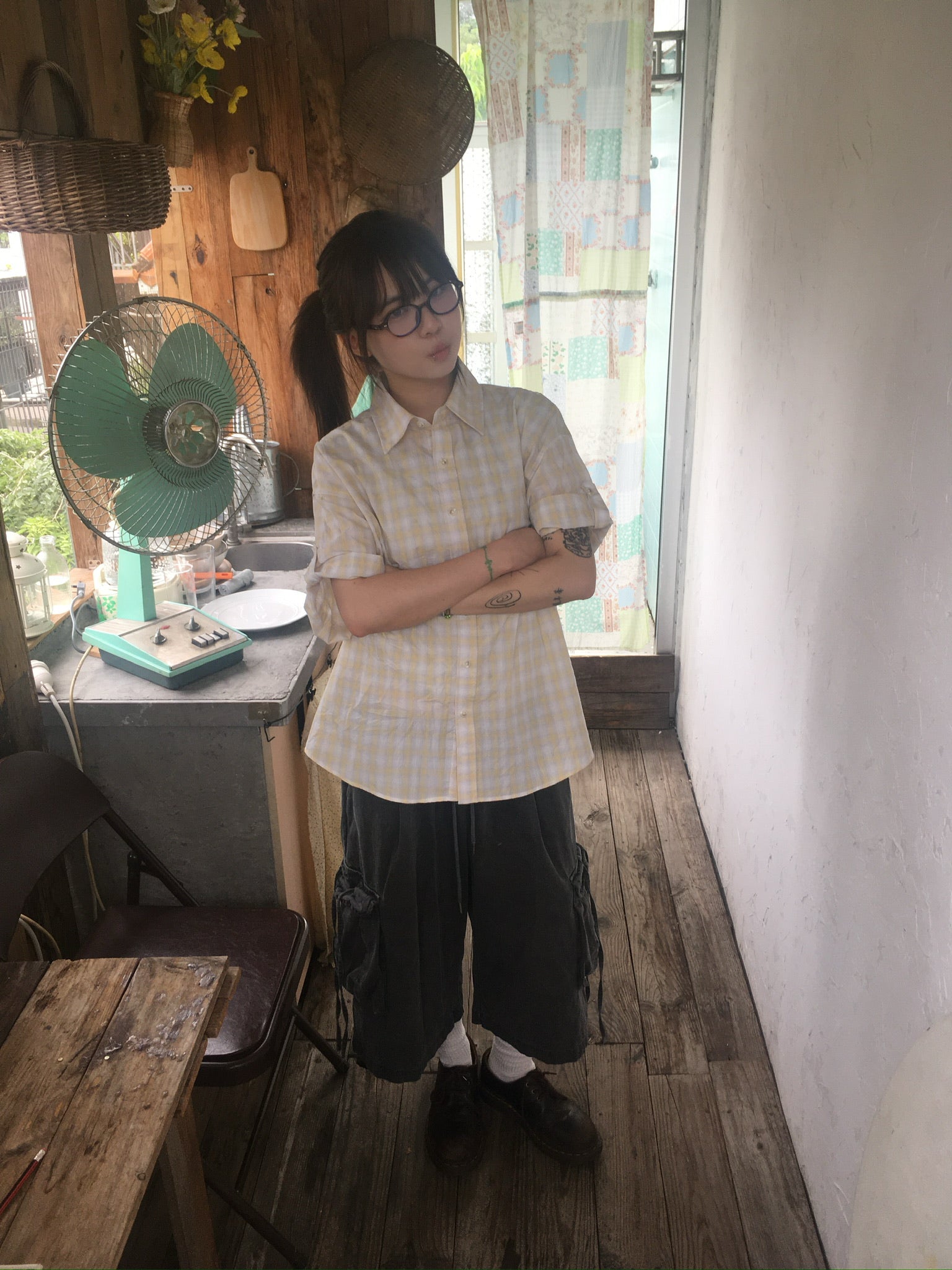 check linen shirt (yellow)