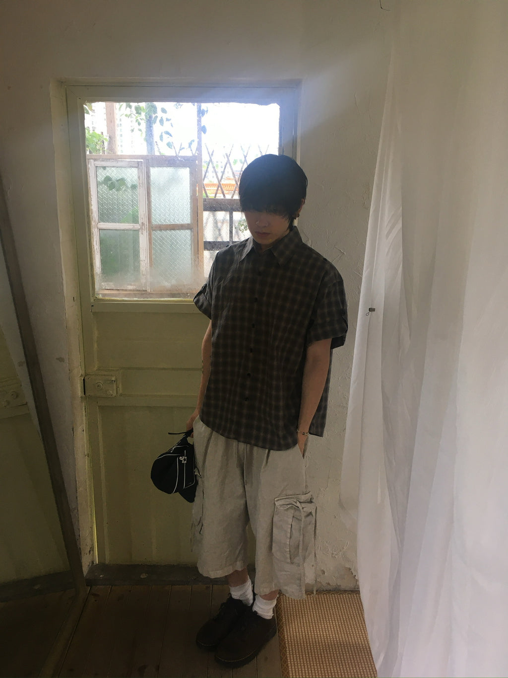 check linen shirt (charcoal)