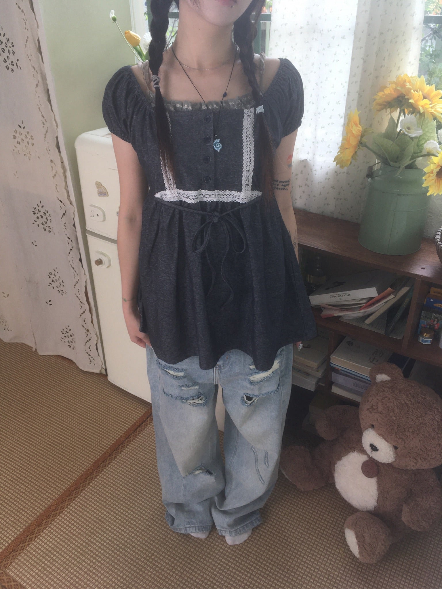 (★BEST) lace trim babydoll top (charcoal)