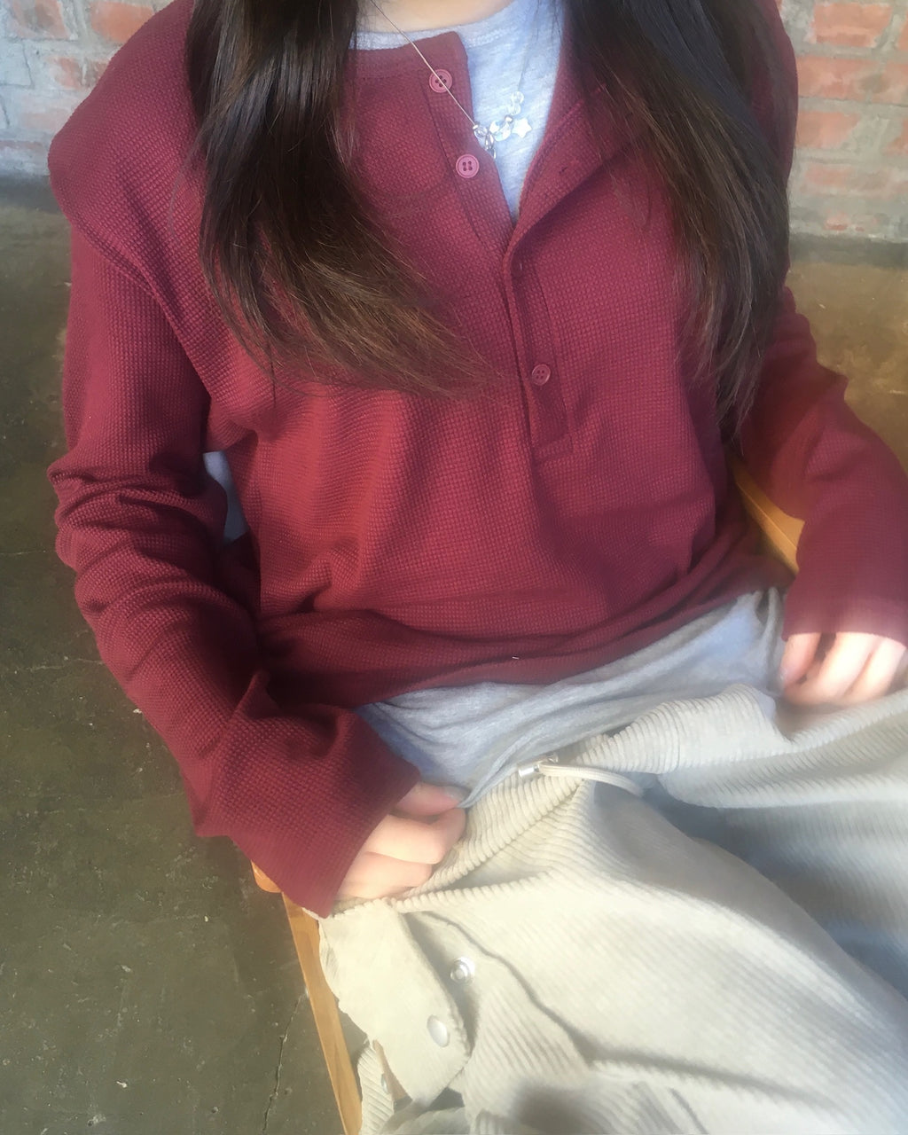 waffle henly neck shirt (wine)