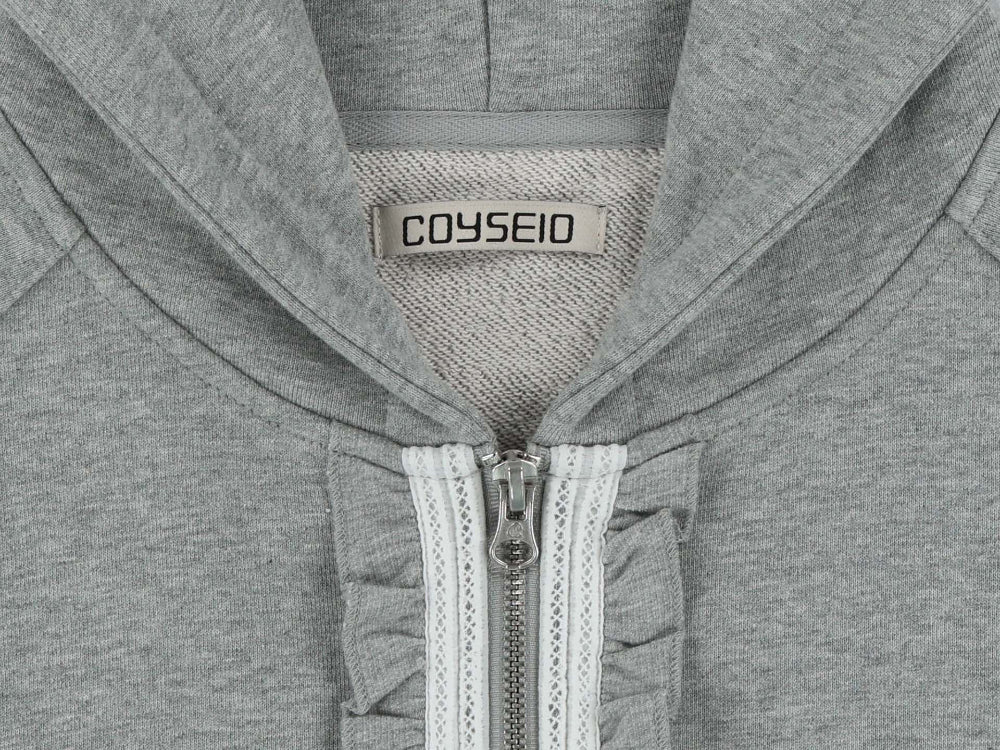✪【𝘱𝘳𝘦-𝘰𝘳𝘥𝘦𝘳】coyseio ruffle lace hood zip-up melange (grey)
