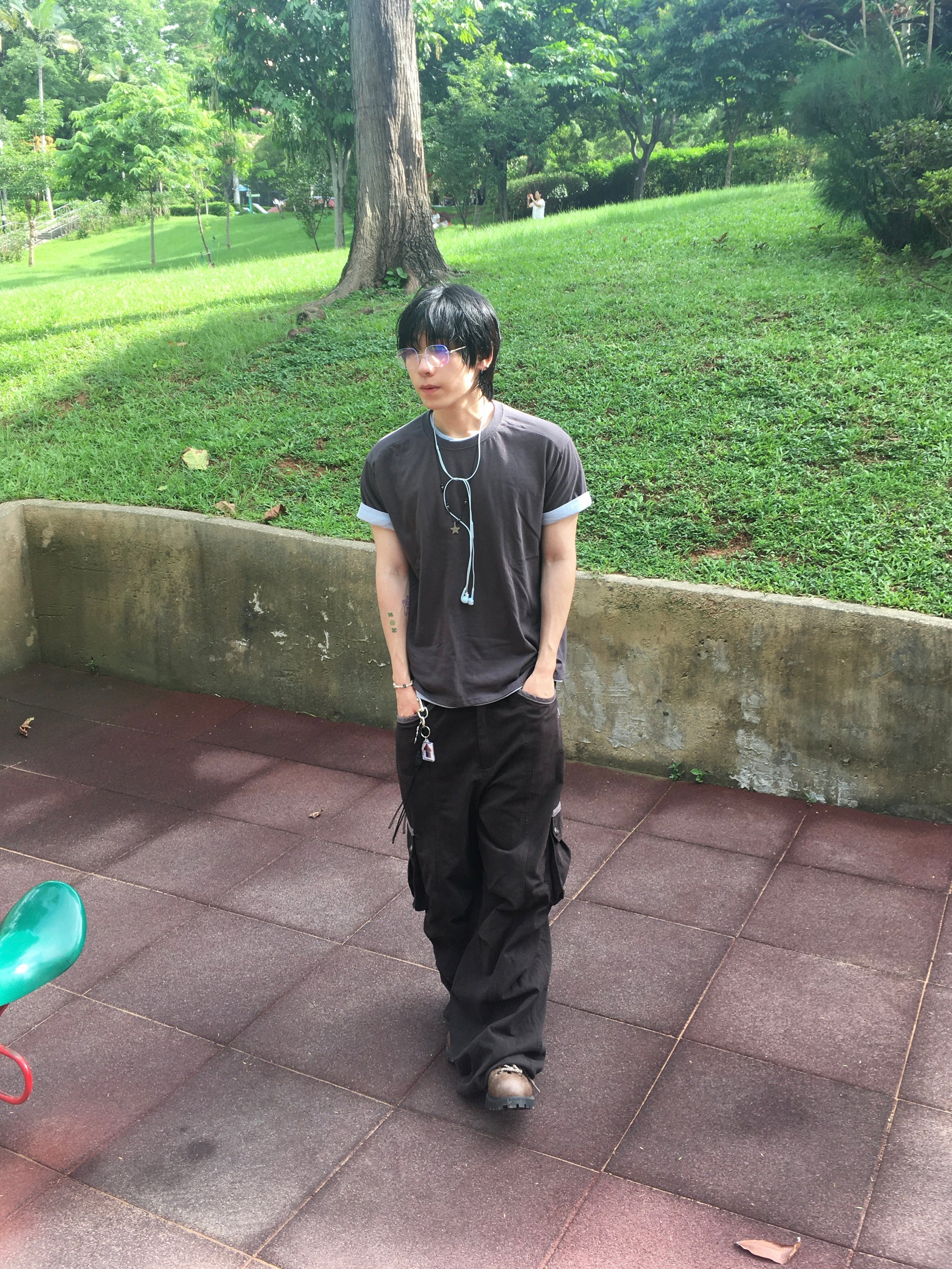 (★1+1) layered crop tee (charcoal+fade blue)