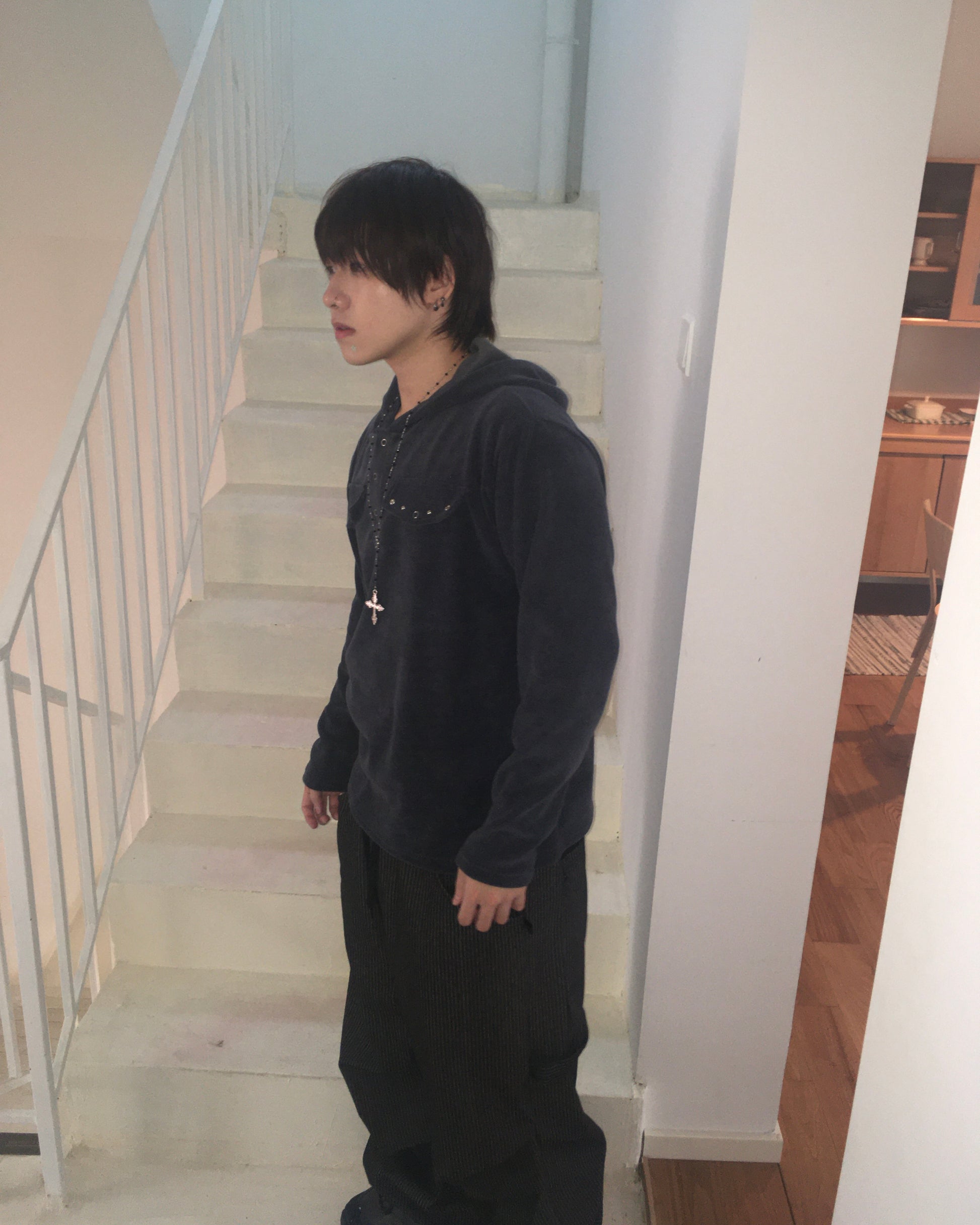 rivet collar hooded shirt (navy)