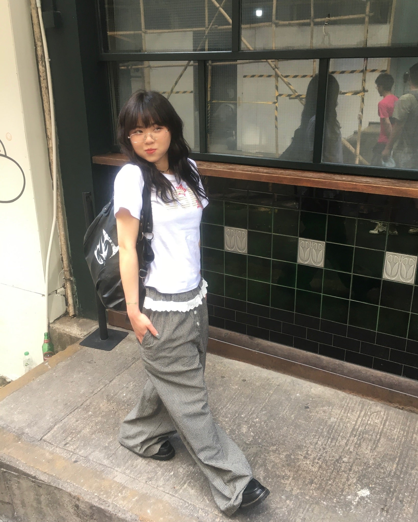 (in stock) lace checked belt pants