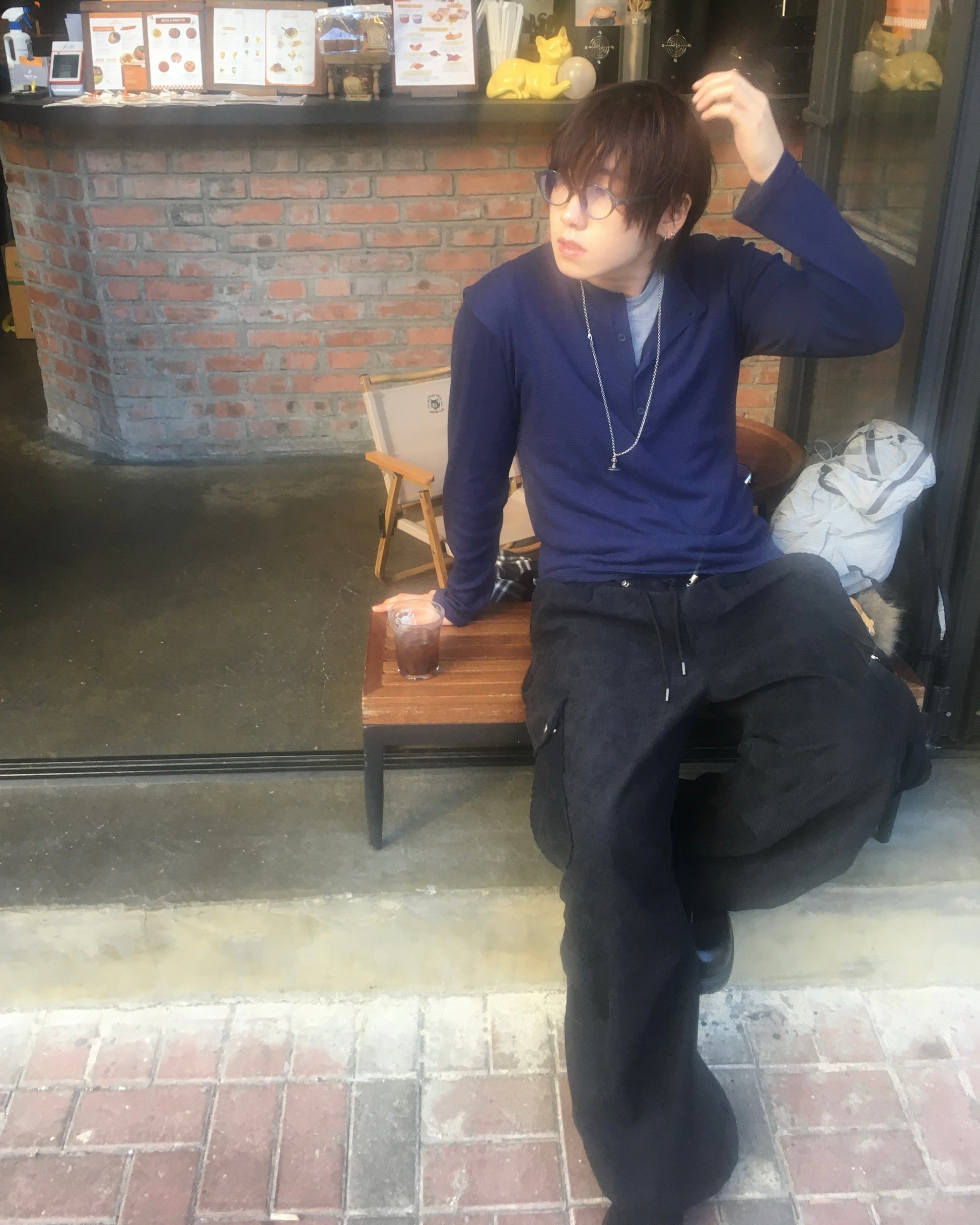 waffle henly neck shirt (navy)