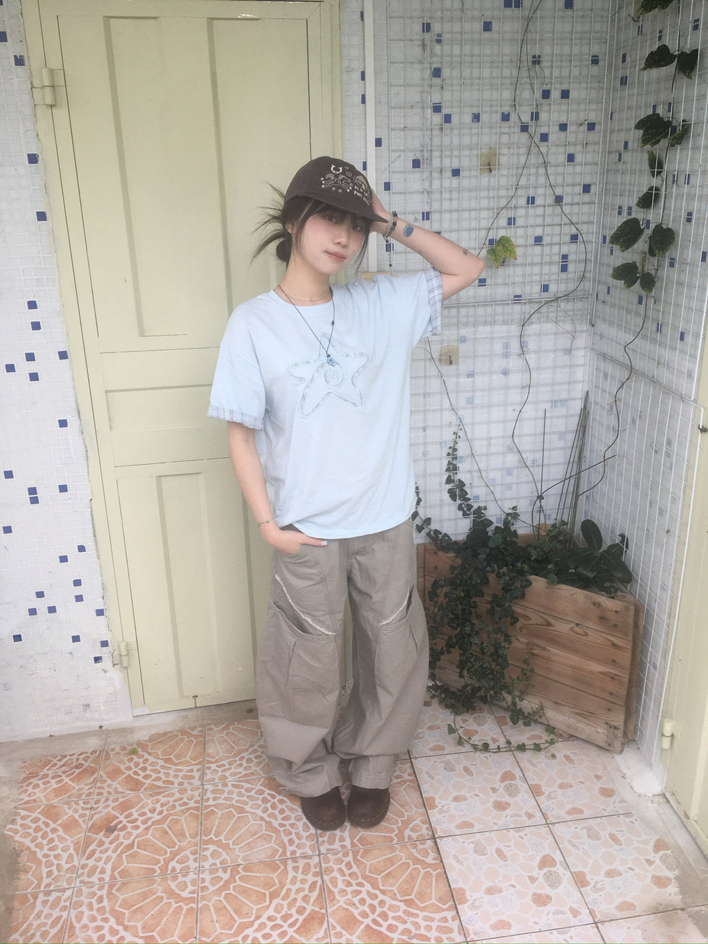 (★BEST) check star roll-up tee (sky blue)