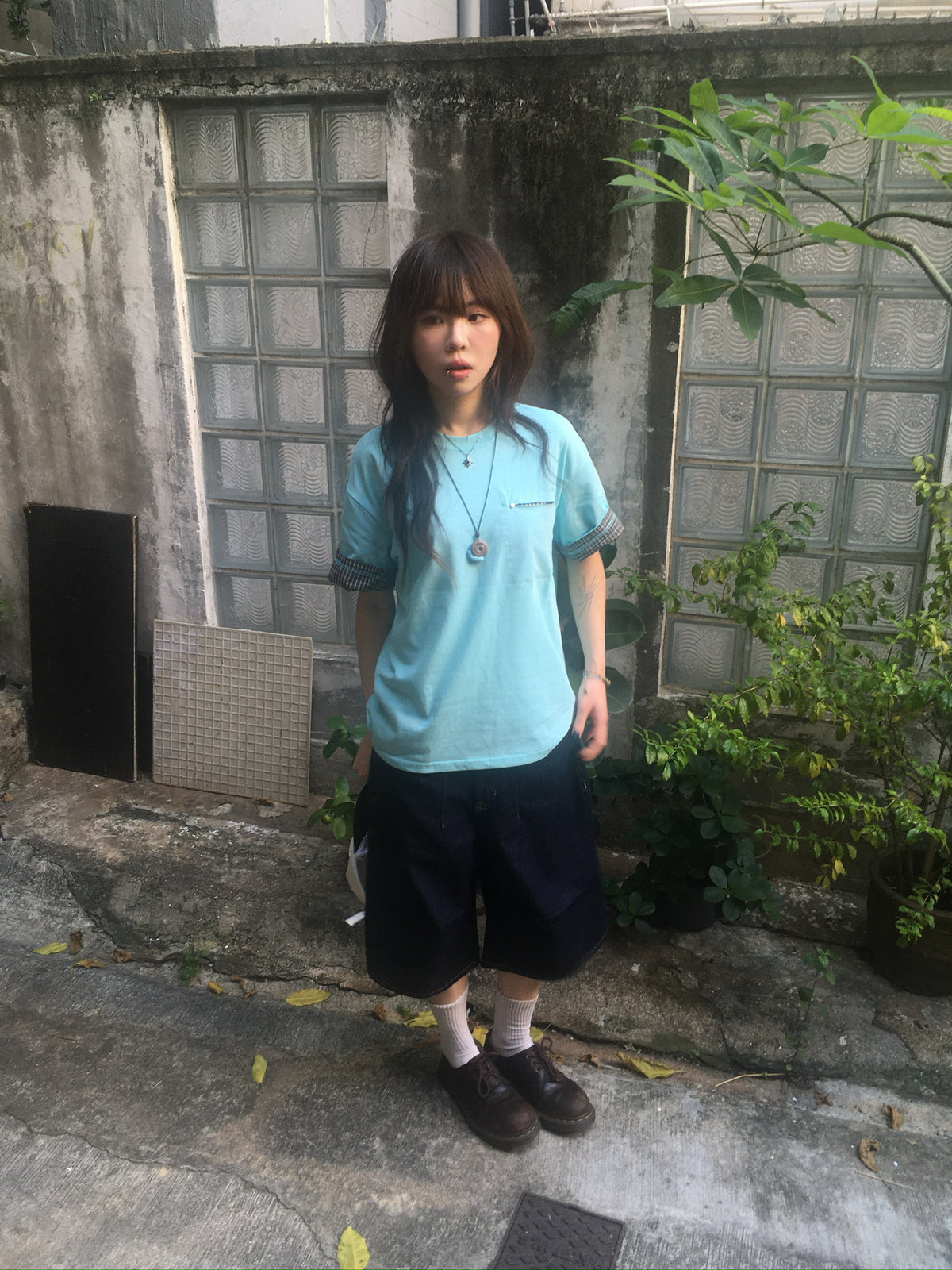 check roll-up pocket tee (mint)